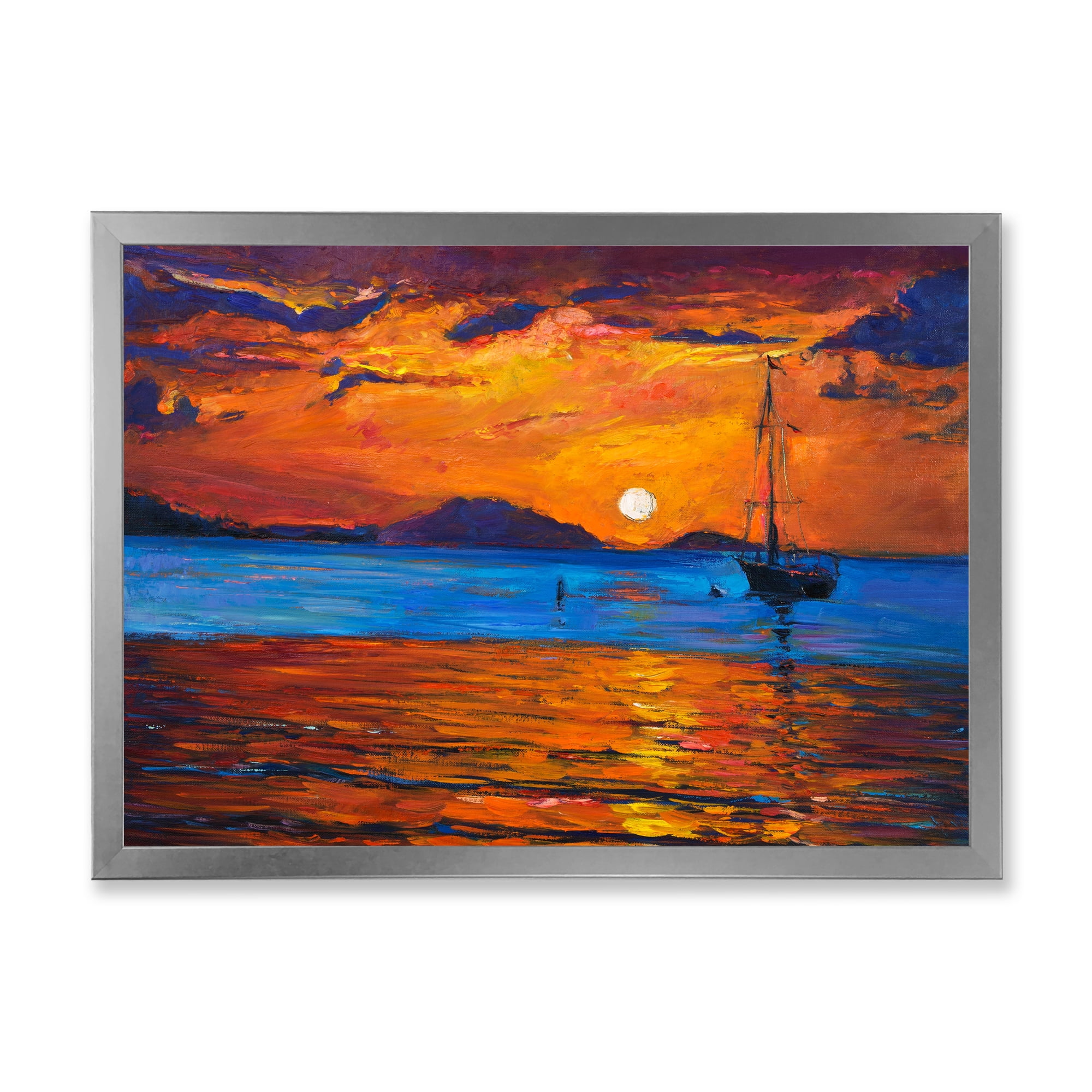 Designart 'Boat At The Lake During Evening Glow IX' Nautical & Coastal Framed Art Print