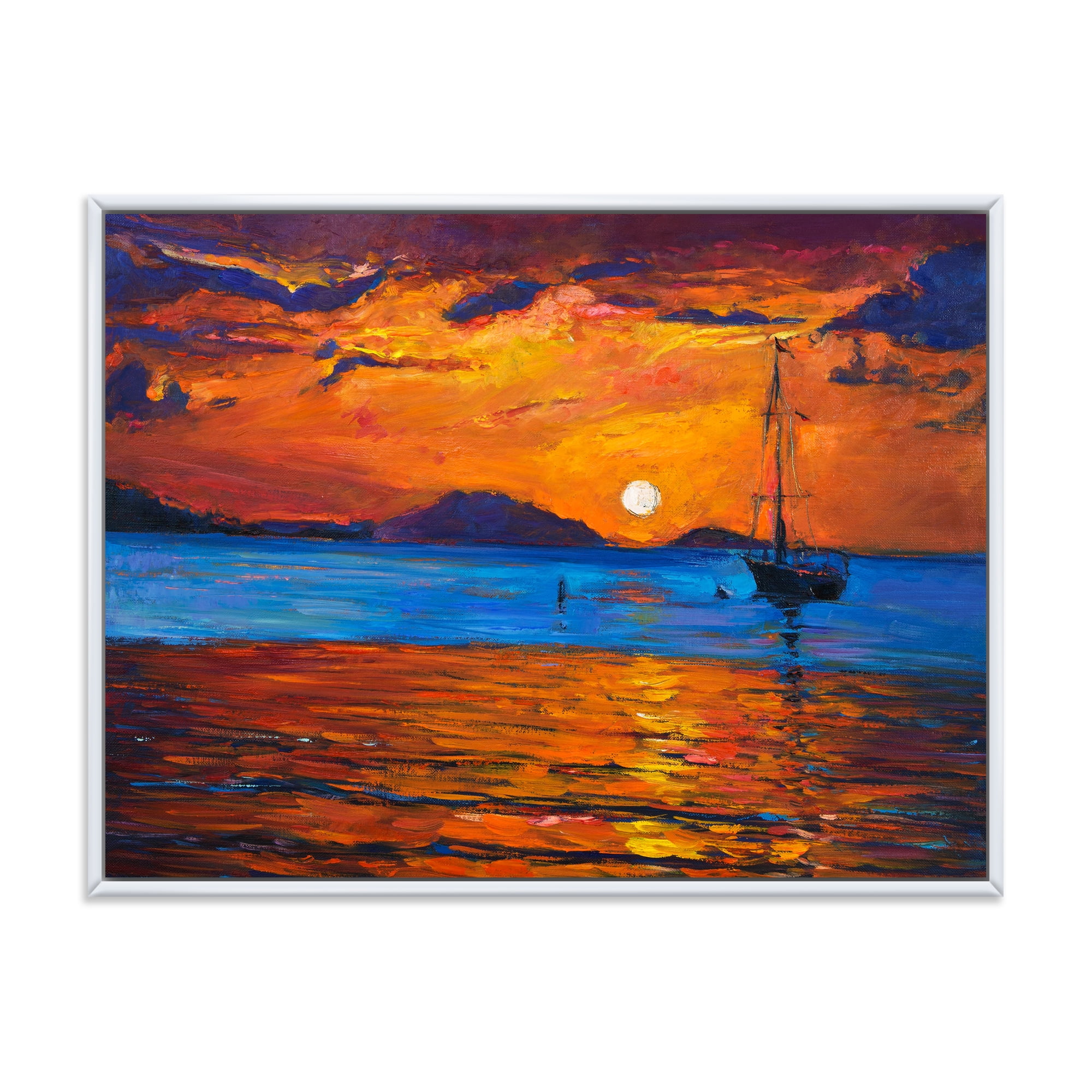 Designart 'Boat At The Lake During Evening Glow IX' Nautical & Coastal Framed Canvas Wall Art Print