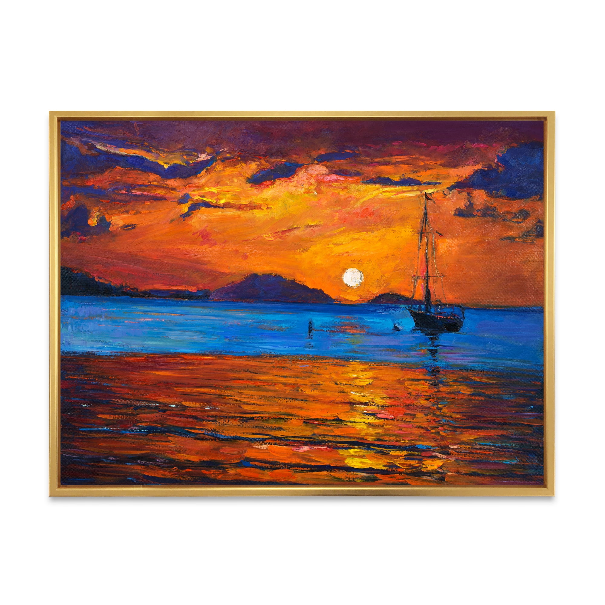 Designart 'Boat At The Lake During Evening Glow IX' Nautical & Coastal Framed Canvas Wall Art Print