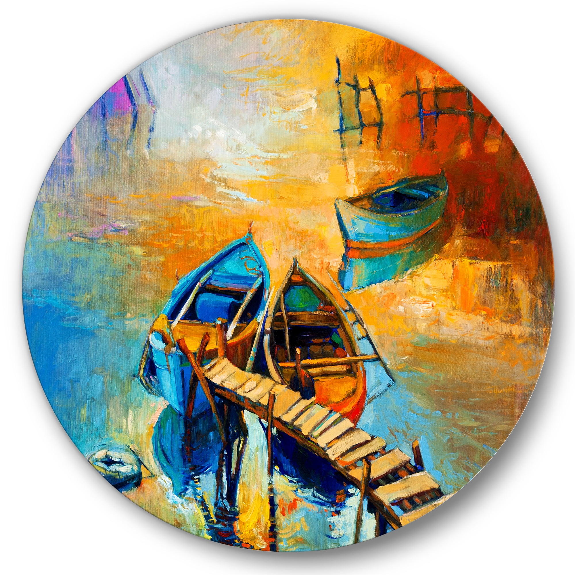 Designart 'Boat At The Lake During Evening Glow V' Nautical & Coastal Circle Metal Wall Art 36x36 - Disc of 36