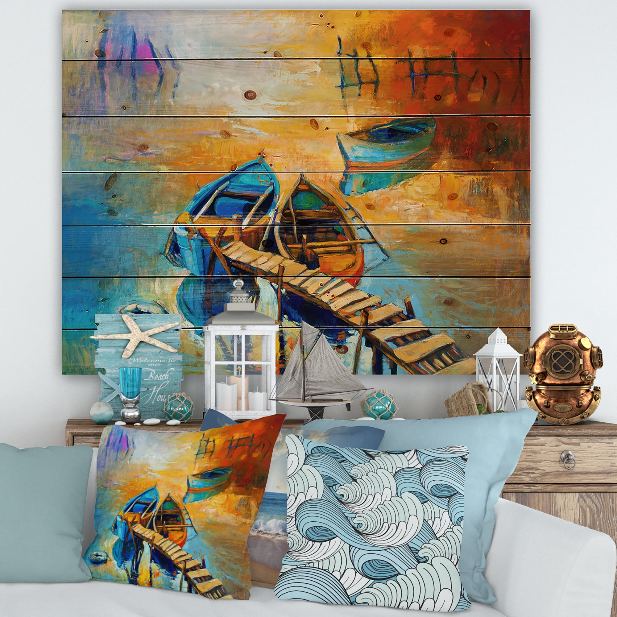 Designart 'Boat At The Lake During Evening Glow V' Nautical & Coastal Print on Natural Pine Wood