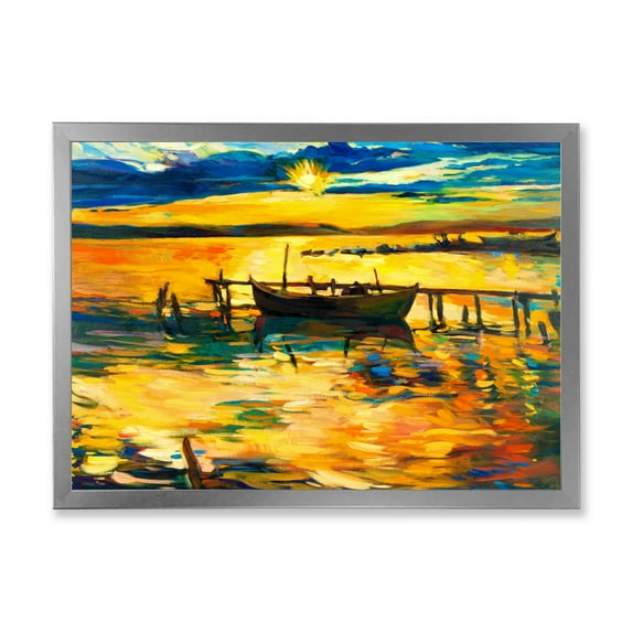 Designart 'Boat At The Lake During Evening Glow VI' Nautical & Coastal Framed Art Print