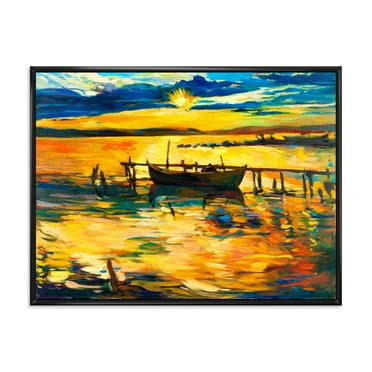 Designart 'Boat At The Lake During Evening Glow VI' Nautical & Coastal Framed Canvas Wall Art Print
