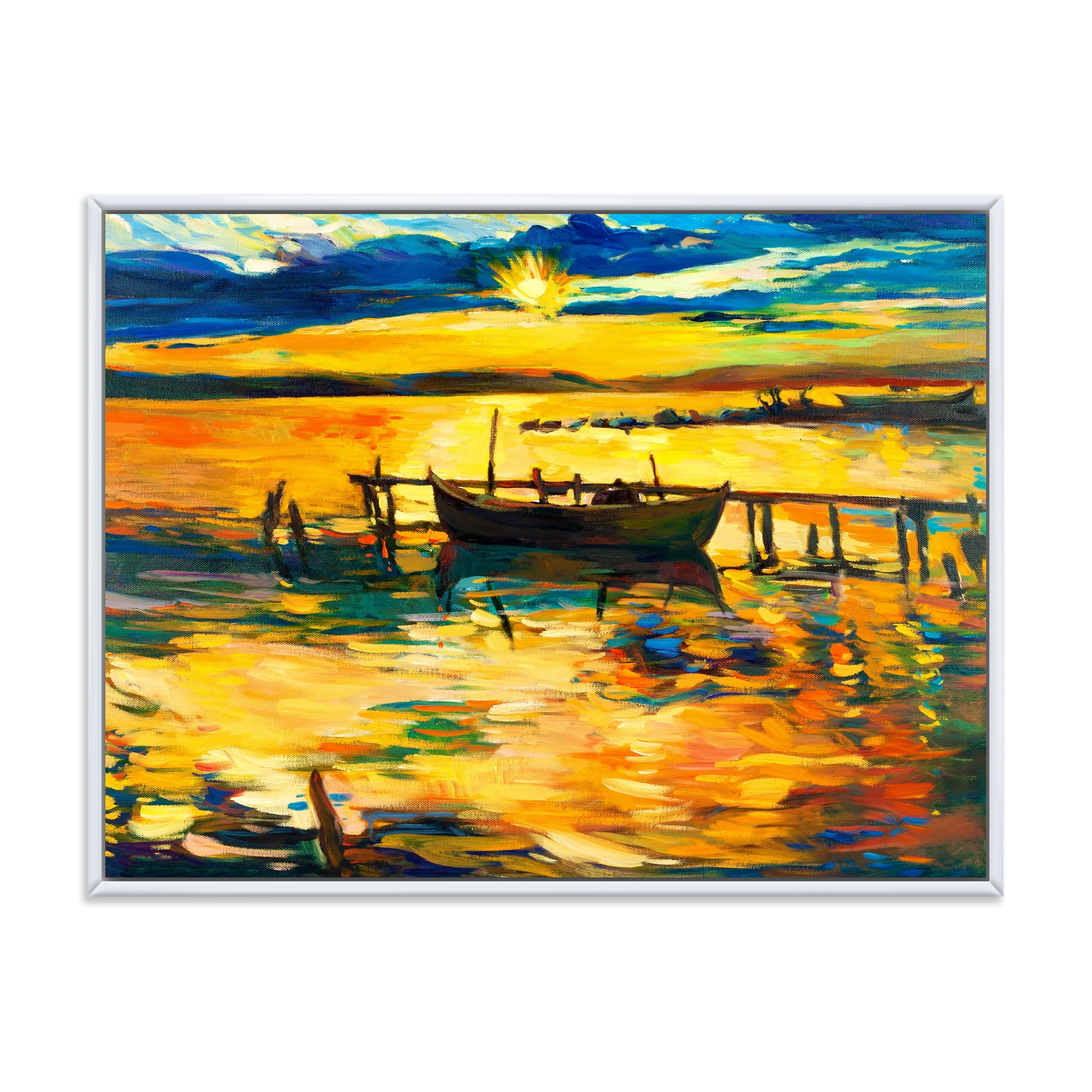 Designart 'Boat At The Lake During Evening Glow VI' Nautical & Coastal Framed Canvas Wall Art Print