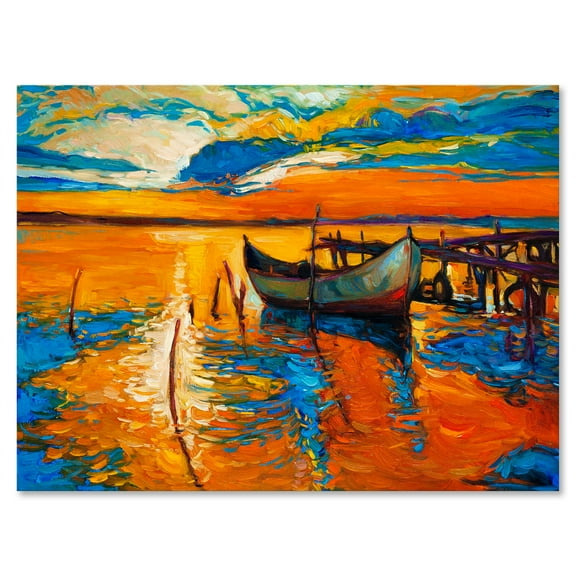 Designart ' Boat At The Lake During Evening Glow VII ' Nautical & Coastal Canvas Wall Art Print