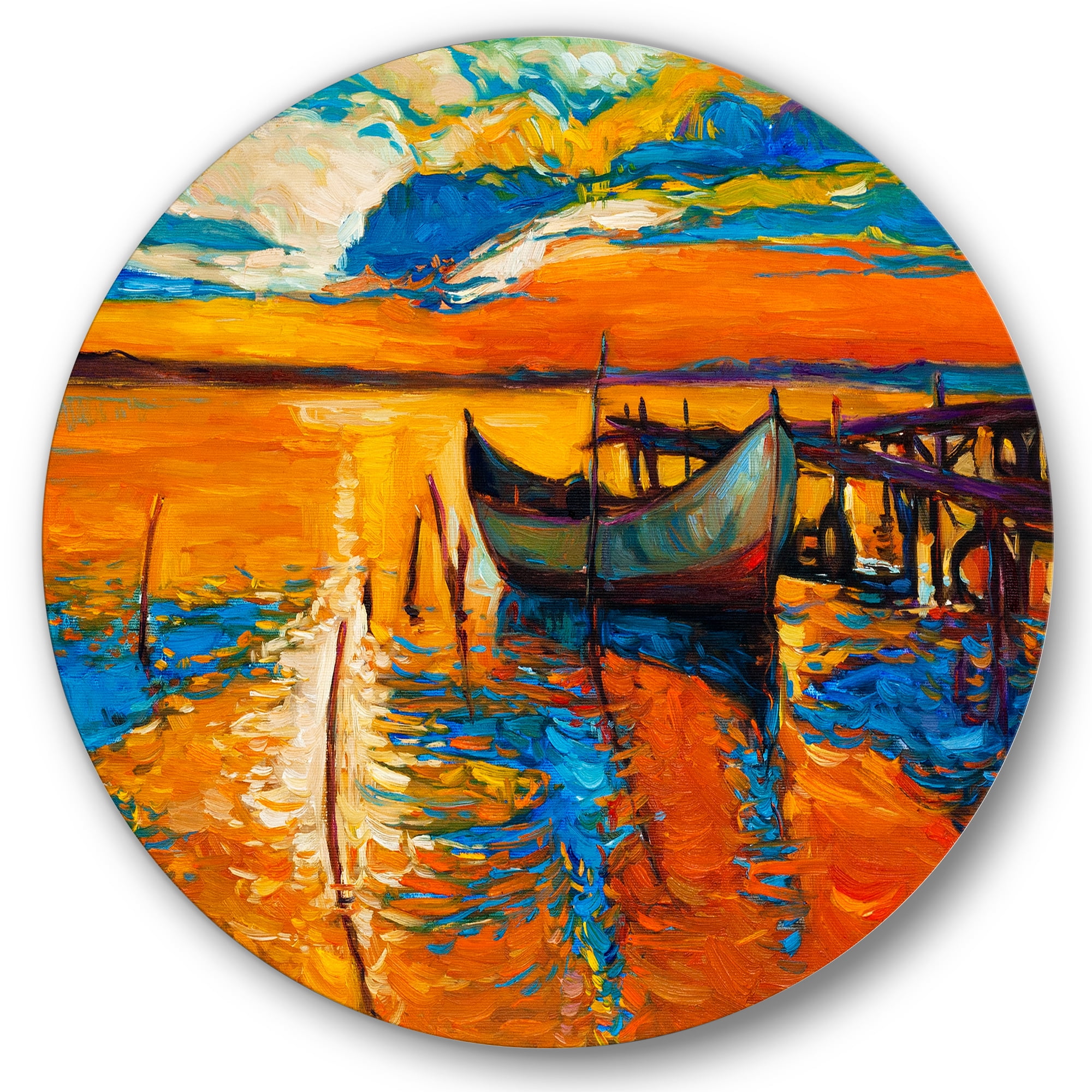 Designart 'Boat At The Lake During Evening Glow VII' Nautical & Coastal Circle Metal Wall Art 23x23 - Disc of 23