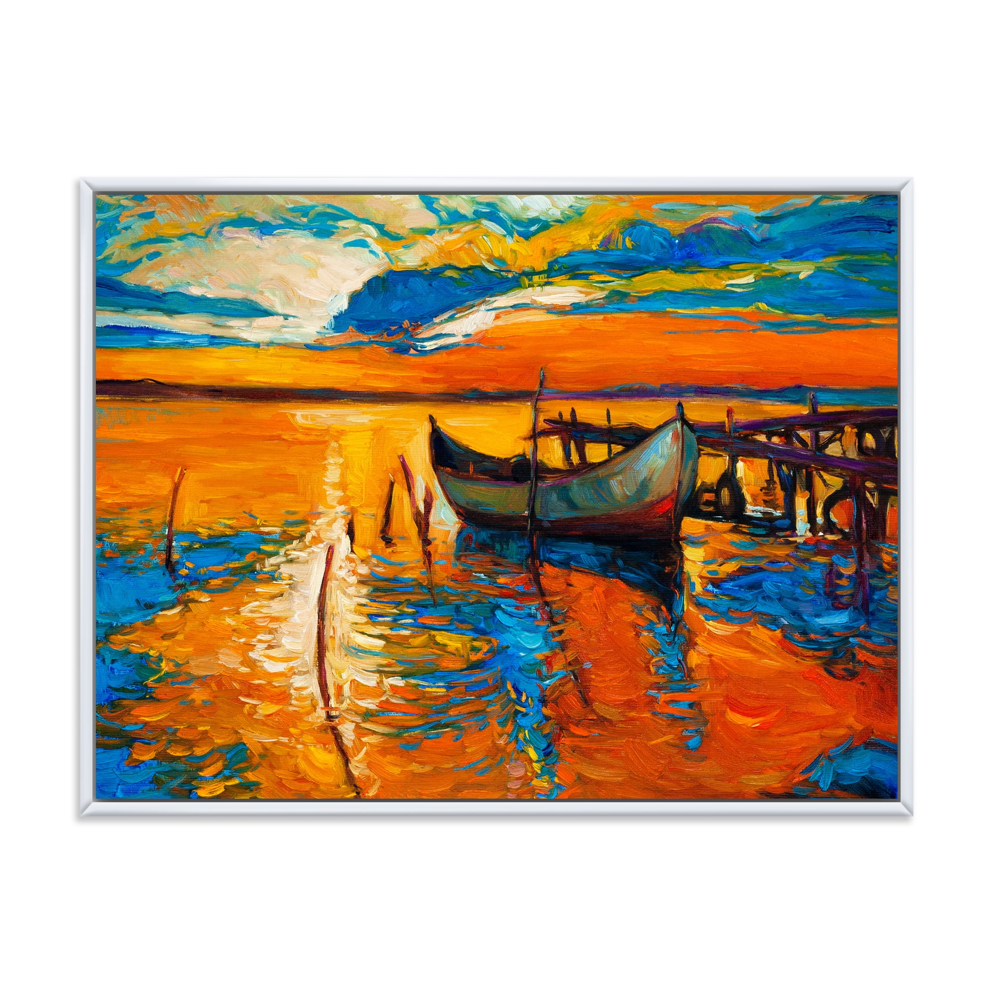Designart 'Boat At The Lake During Evening Glow VII' Nautical & Coastal Framed Canvas Wall Art Print