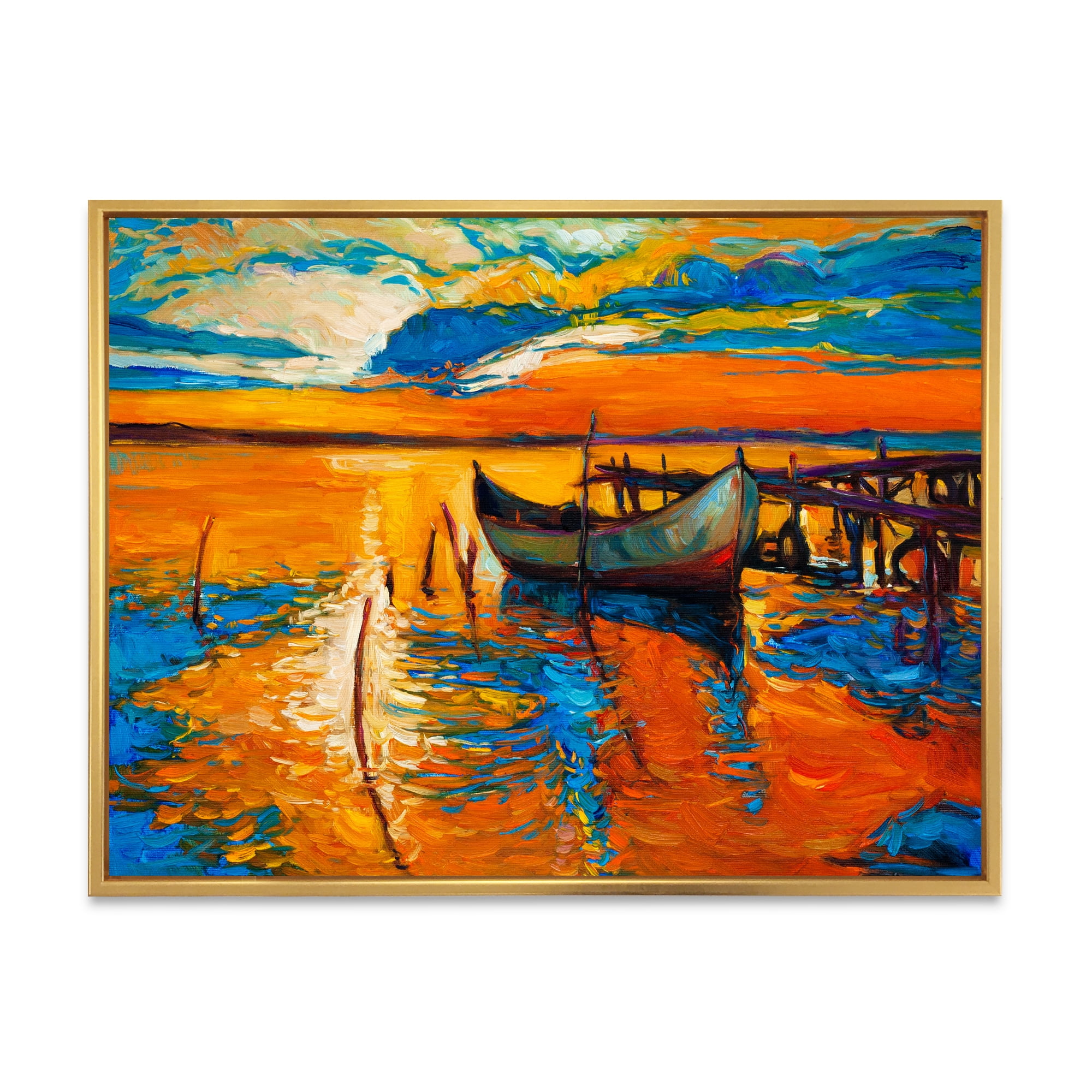 Designart 'Boat At The Lake During Evening Glow VII' Nautical & Coastal Framed Canvas Wall Art Print