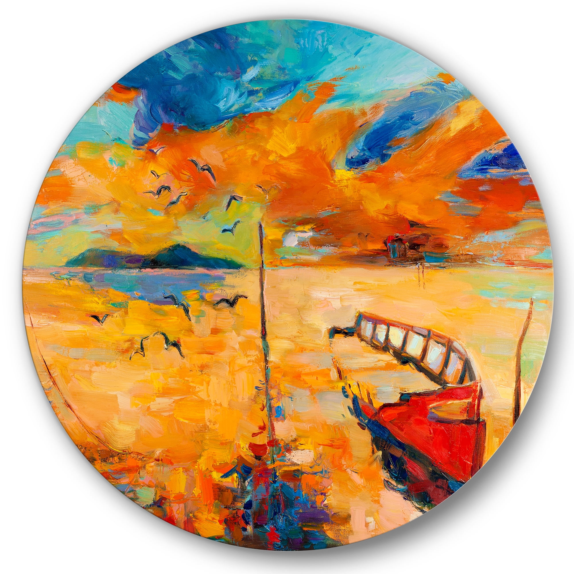 Designart 'Boat At The Lake During Evening Glow VIII' Nautical & Coastal Circle Metal Wall Art 29x29 - Disc of 29