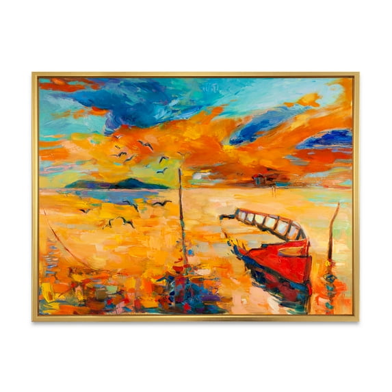 Designart 'Boat At The Lake During Evening Glow VIII' Nautical & Coastal Framed Canvas Wall Art Print
