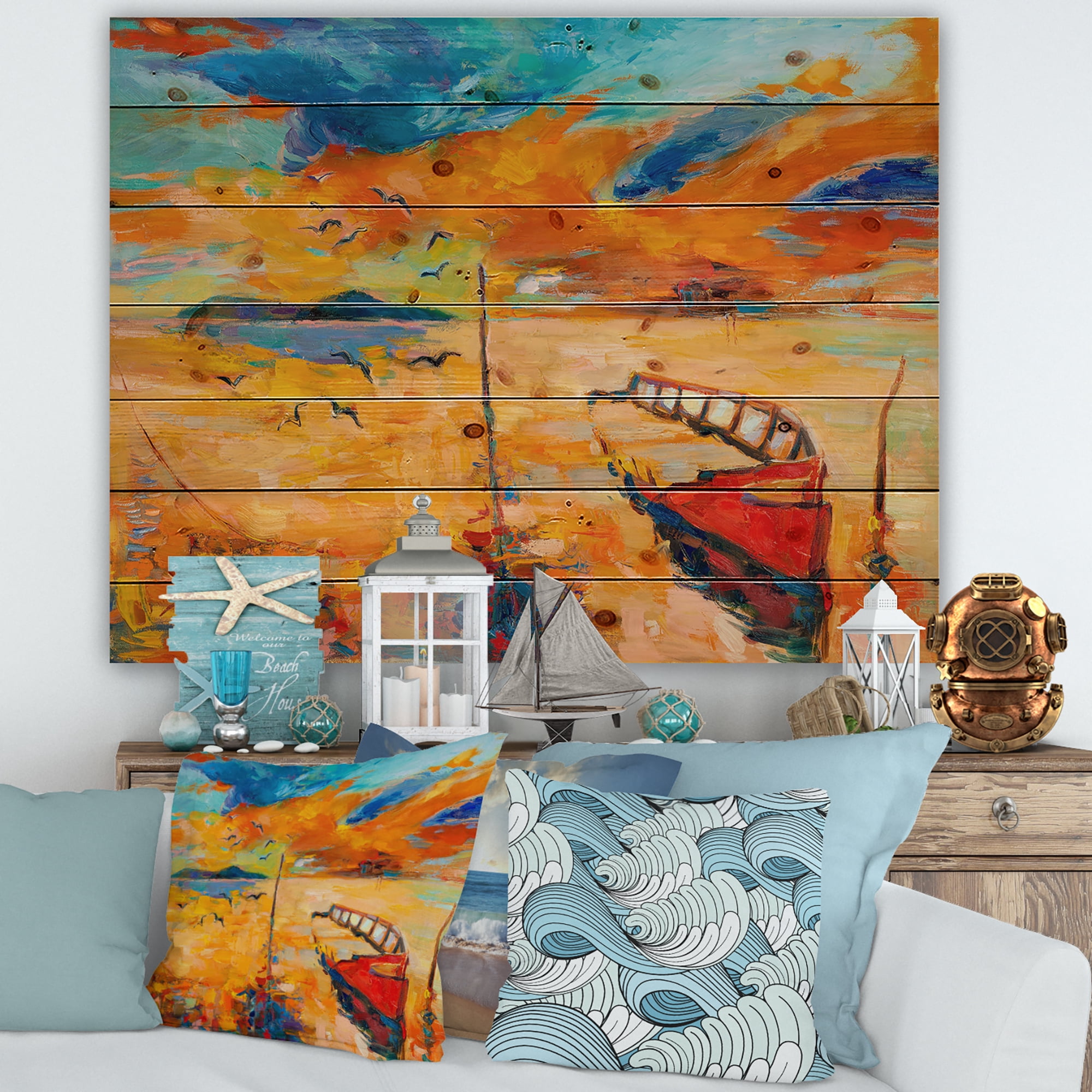 Designart 'Boat At The Lake During Evening Glow VIII' Nautical & Coastal Print on Natural Pine Wood