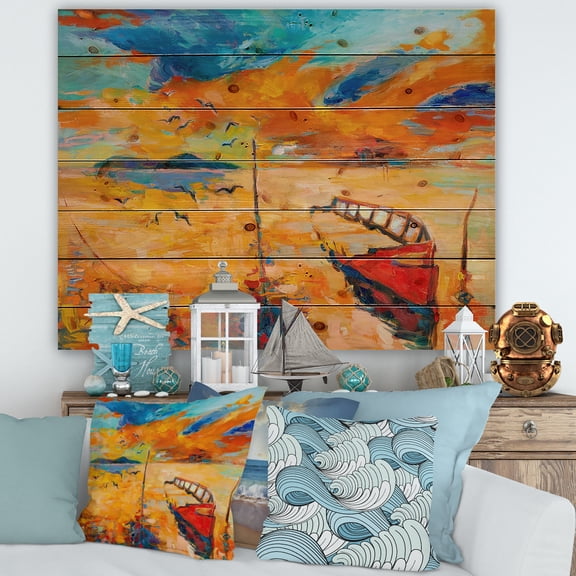 Designart 'Boat At The Lake During Evening Glow VIII' Nautical & Coastal Print on Natural Pine Wood