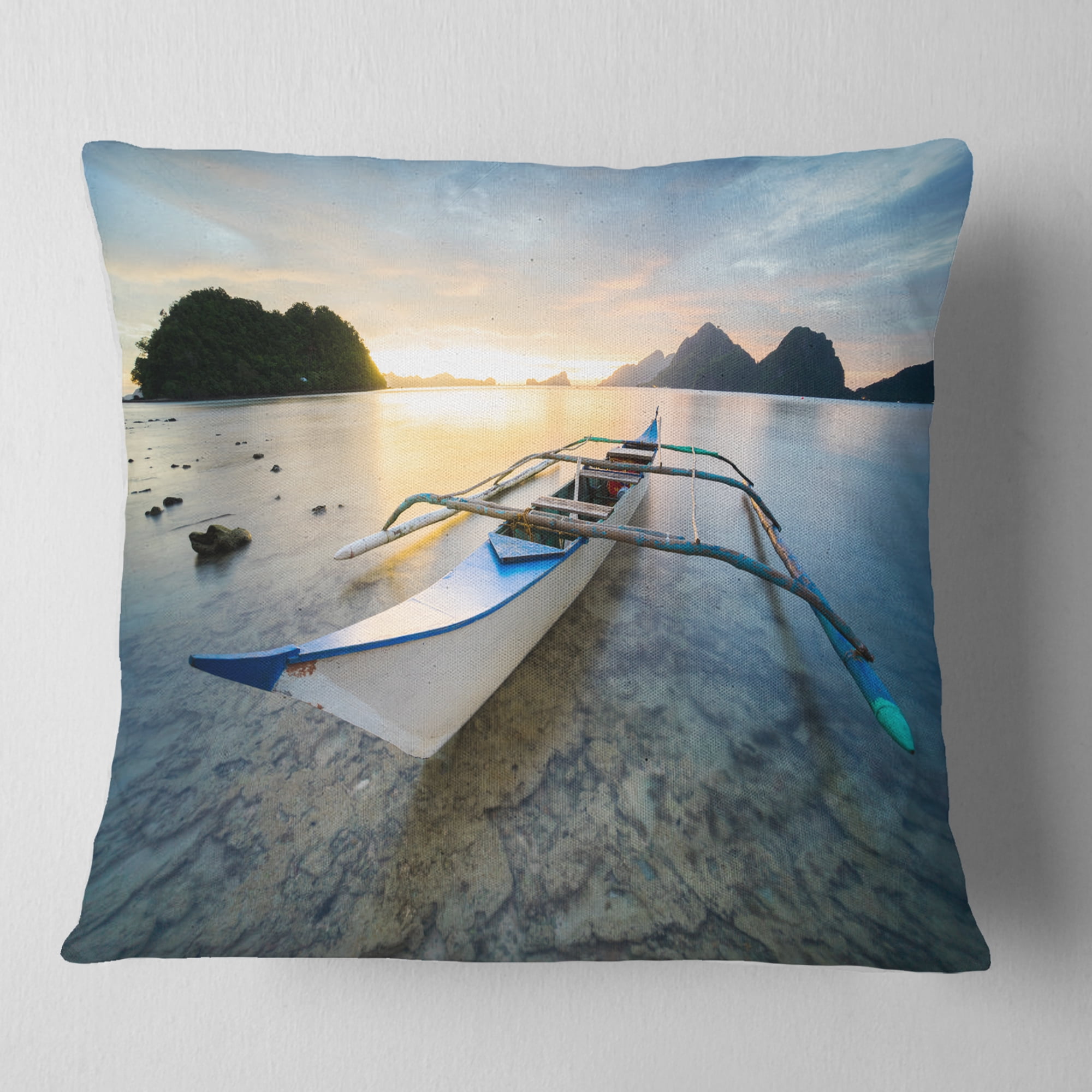 Designart Boat Docked at Beautiful Sunset - Seashore Throw Pillow - 16x16