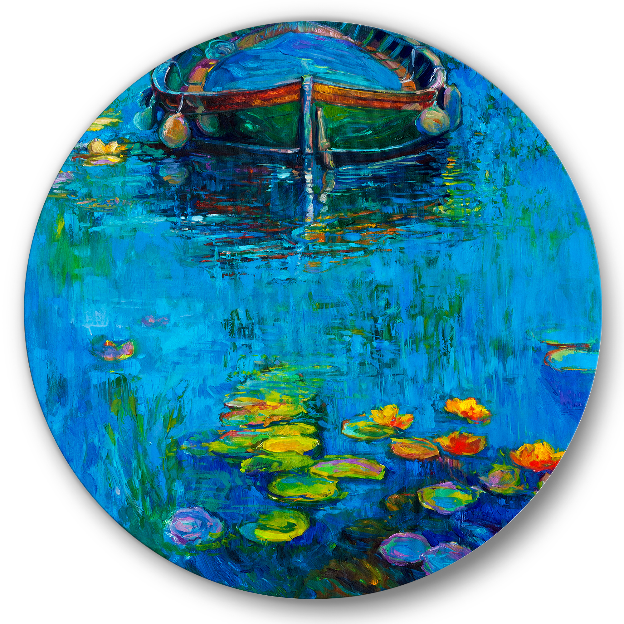 Designart 'Boat In Blue Lake' Nautical & Coastal Circle Metal Wall Art 36x36 - Disc of 36