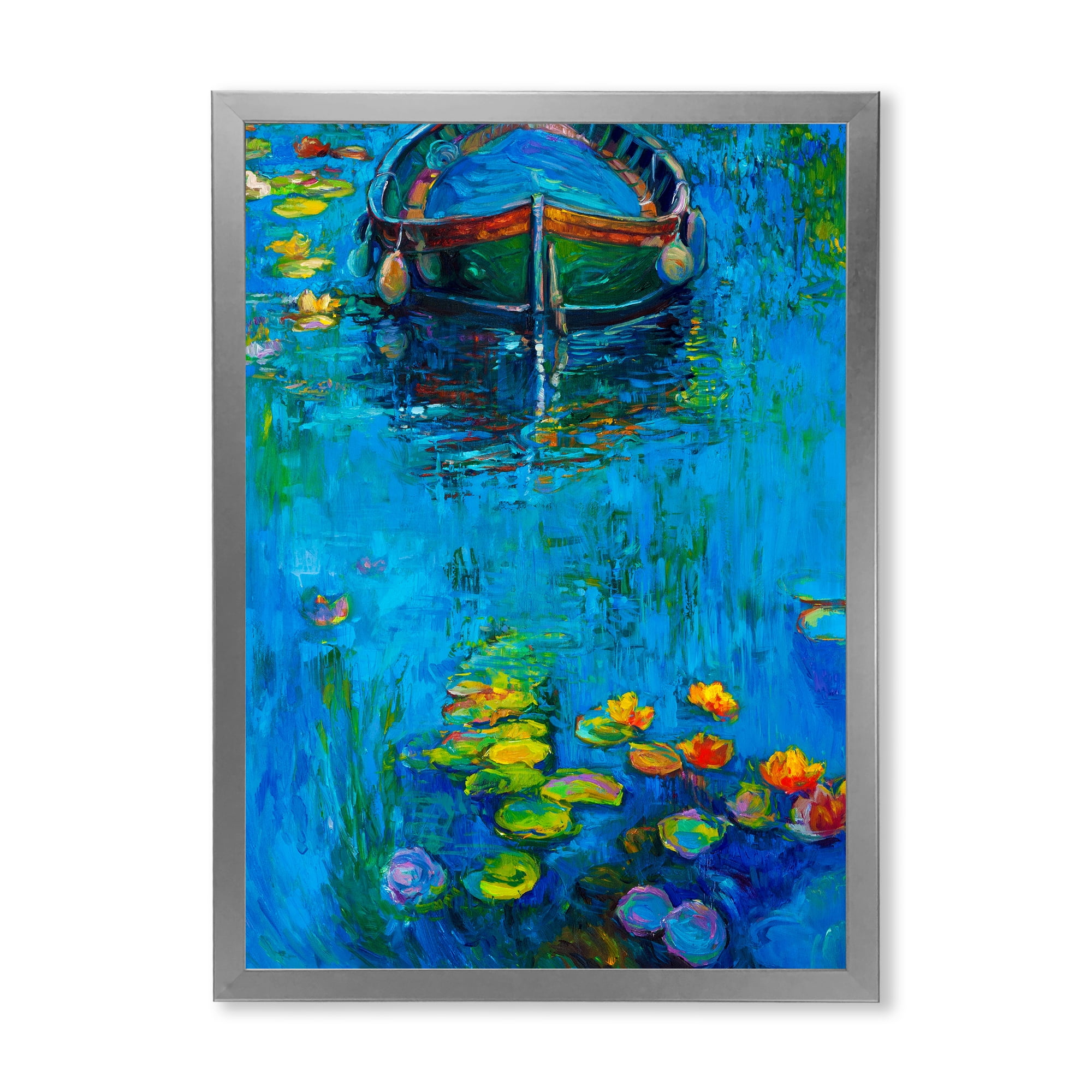 Designart 'Boat In Blue Lake' Nautical & Coastal Framed Art Print