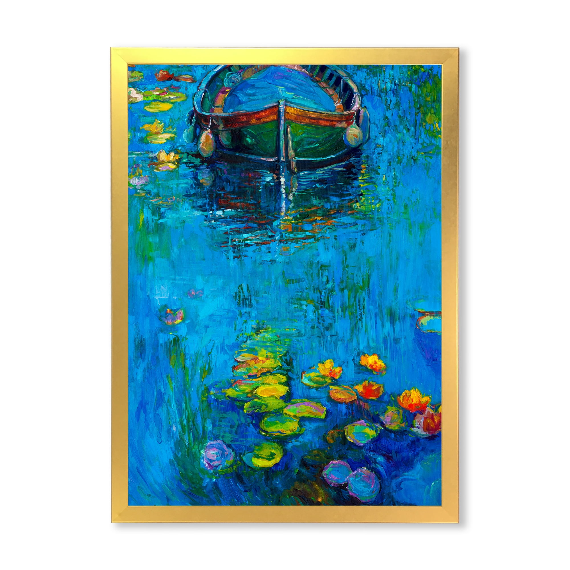 Designart 'Boat In Blue Lake' Nautical & Coastal Framed Art Print
