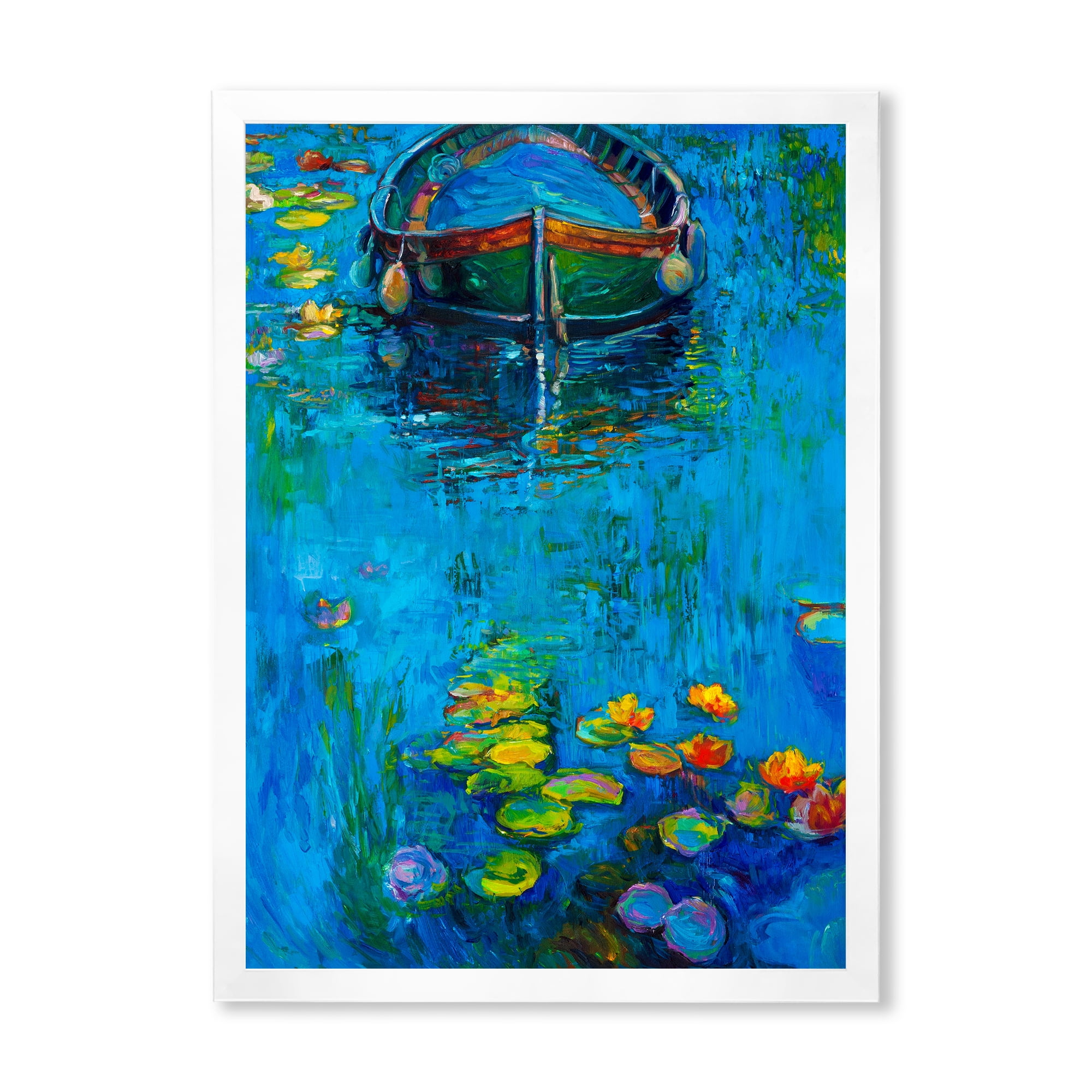 Designart 'Boat In Blue Lake' Nautical & Coastal Framed Art Print