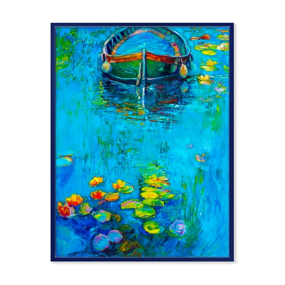 Designart 'Boat In Blue Lake' Nautical & Coastal Framed Canvas Wall Art Print
