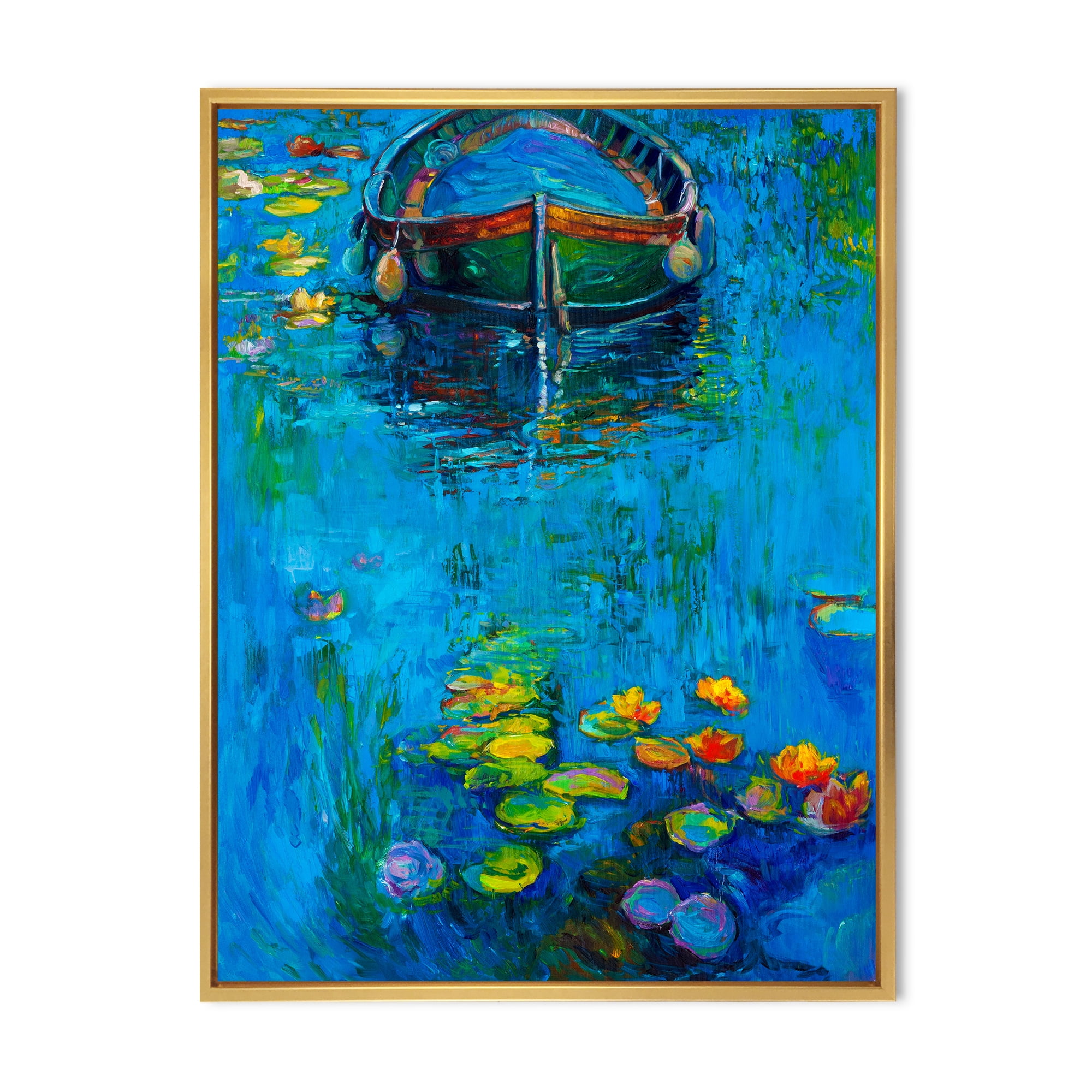 Designart 'Boat In Blue Lake' Nautical & Coastal Framed Canvas Wall Art Print