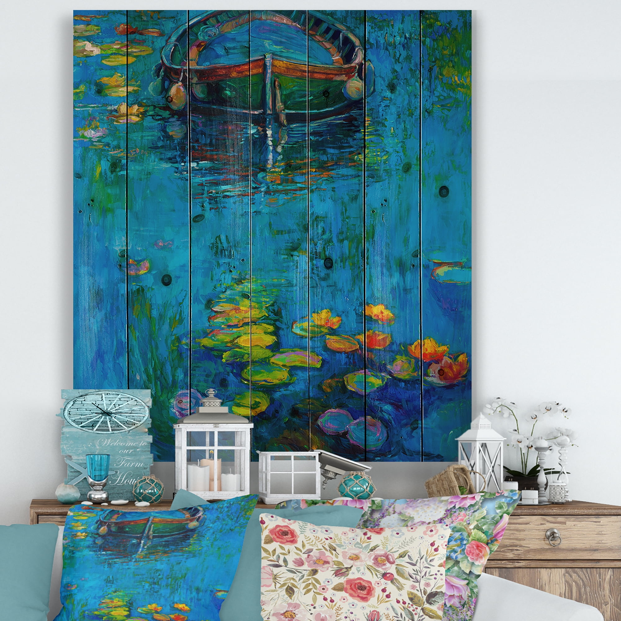 Designart 'Boat In Blue Lake' Nautical & Coastal Print on Natural Pine Wood