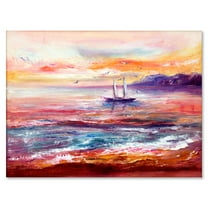 Designart ' Boat On The Ocean During VIbrant Sunset Glow ' Nautical & Coastal Canvas Wall Art Print