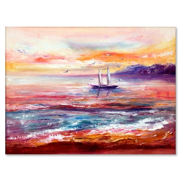 Designart ' Boat On The Ocean During VIbrant Sunset Glow ' Nautical & Coastal Canvas Wall Art Print