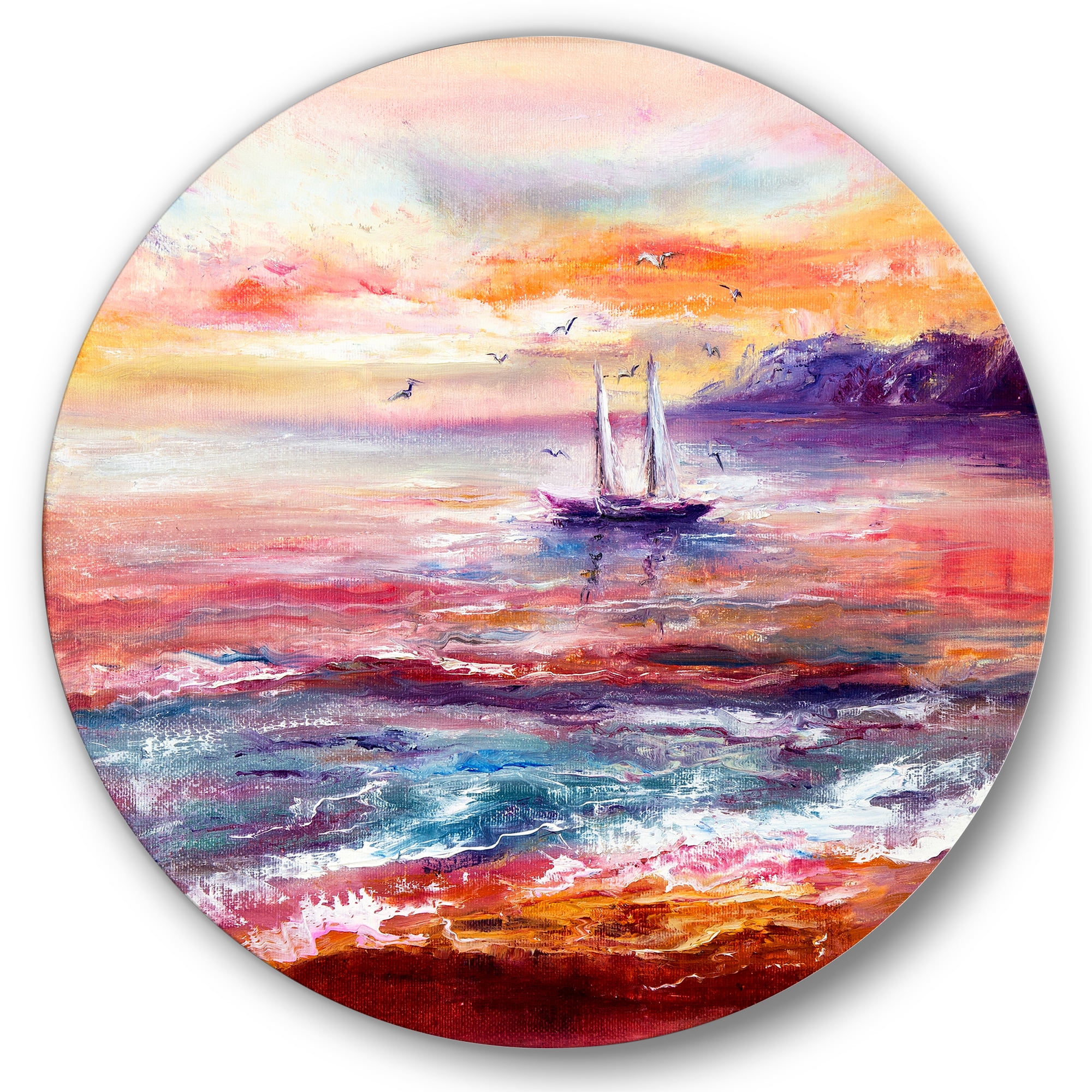 Designart 'Boat On The Ocean During VIbrant Sunset Glow' Nautical & Coastal Circle Metal Wall Art 11x11 - Disc of 11