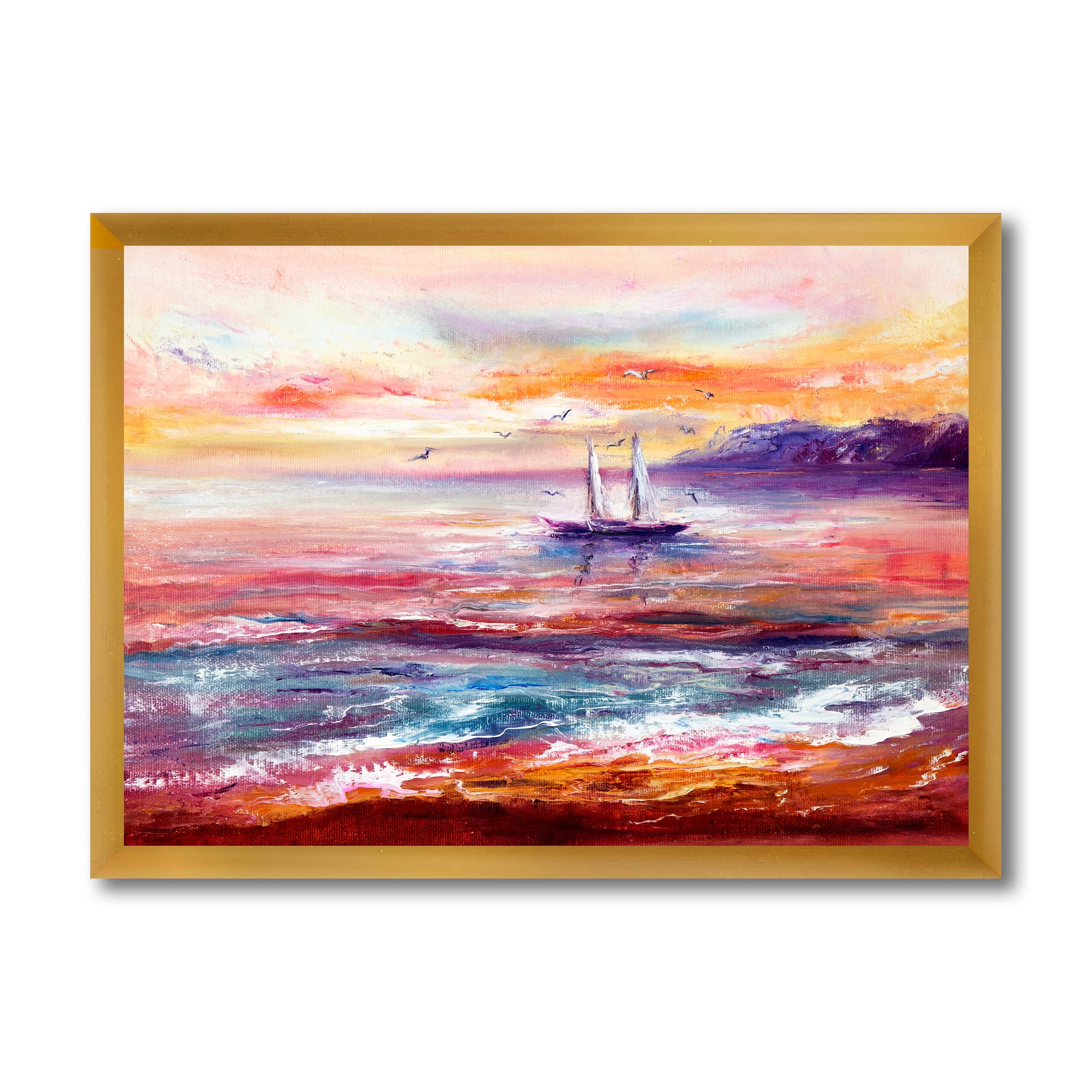 Designart 'Boat On The Ocean During VIbrant Sunset Glow' Nautical & Coastal Framed Art Print