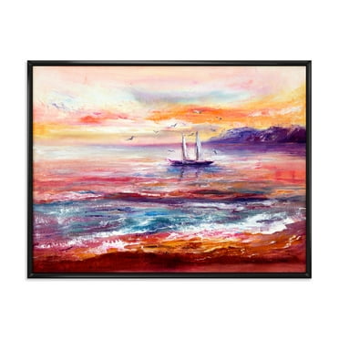 Designart 'Boat On The Ocean During VIbrant Sunset Glow' Nautical & Coastal Framed Canvas Wall Art Print