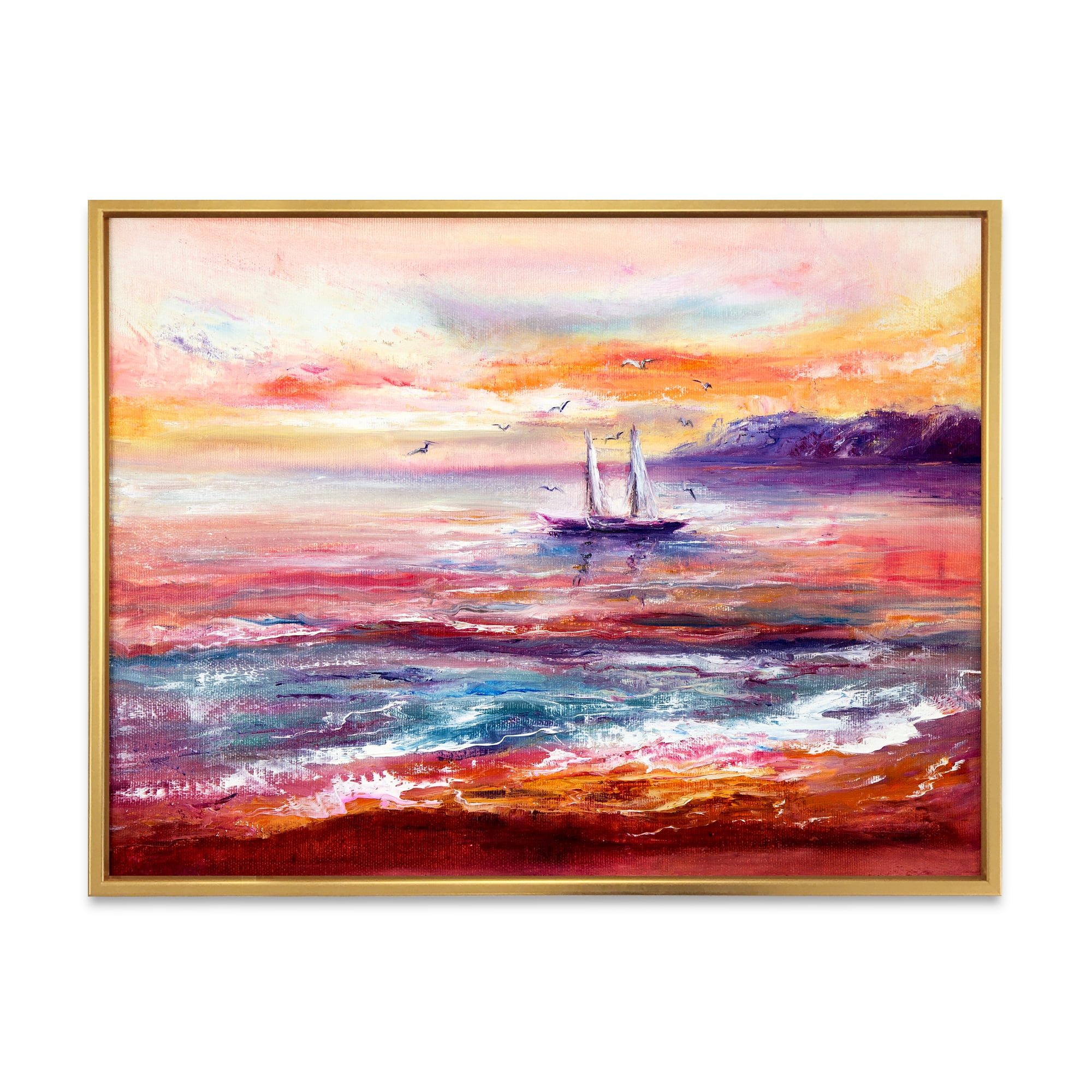 Designart 'Boat On The Ocean During VIbrant Sunset Glow' Nautical & Coastal Framed Canvas Wall Art Print