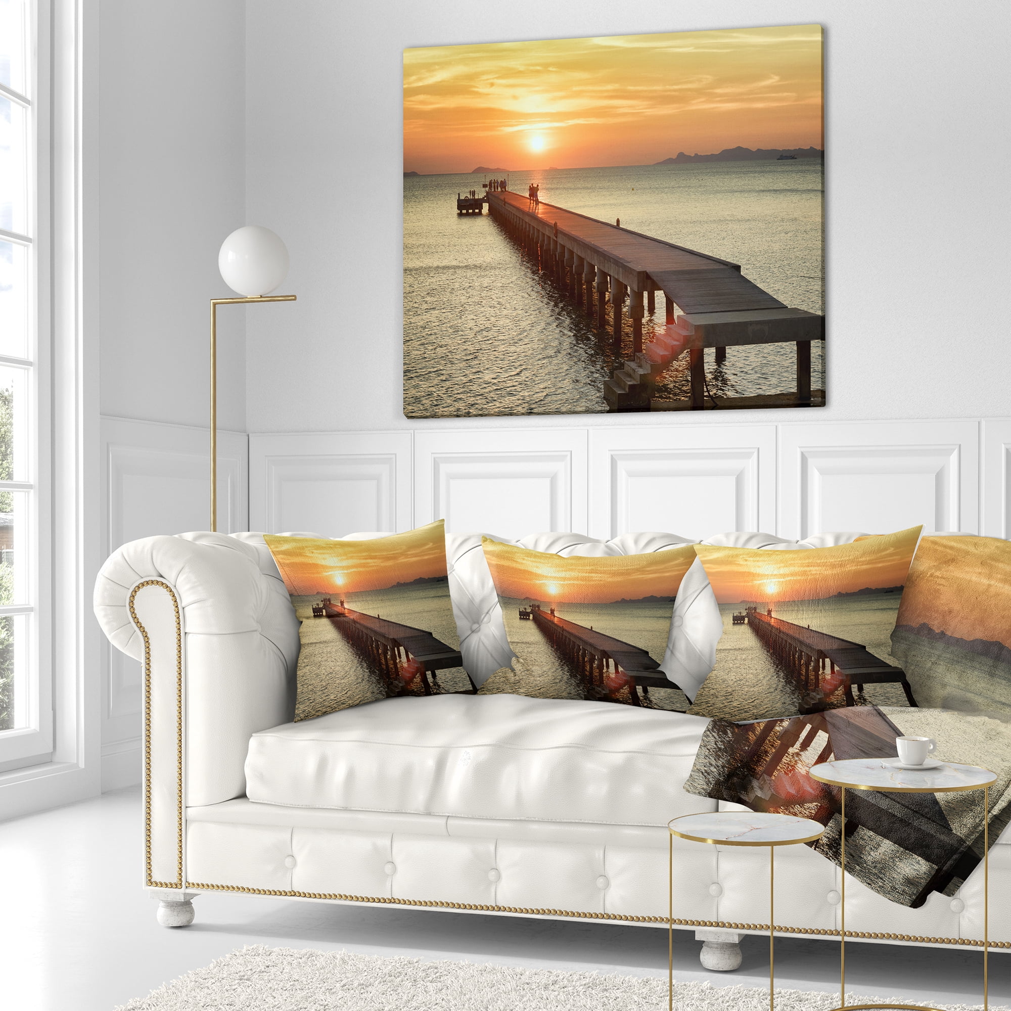 Designart Boat Pier at Sunset - Bridge Throw Pillow - 16x16