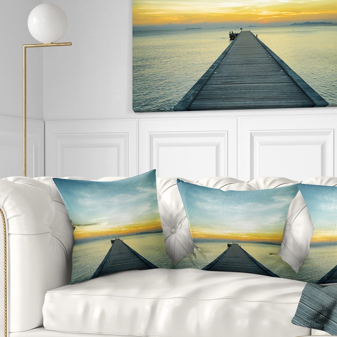 Designart Boat Pier at Sunset - Seascape Photography Throw Pillow - 16x16
