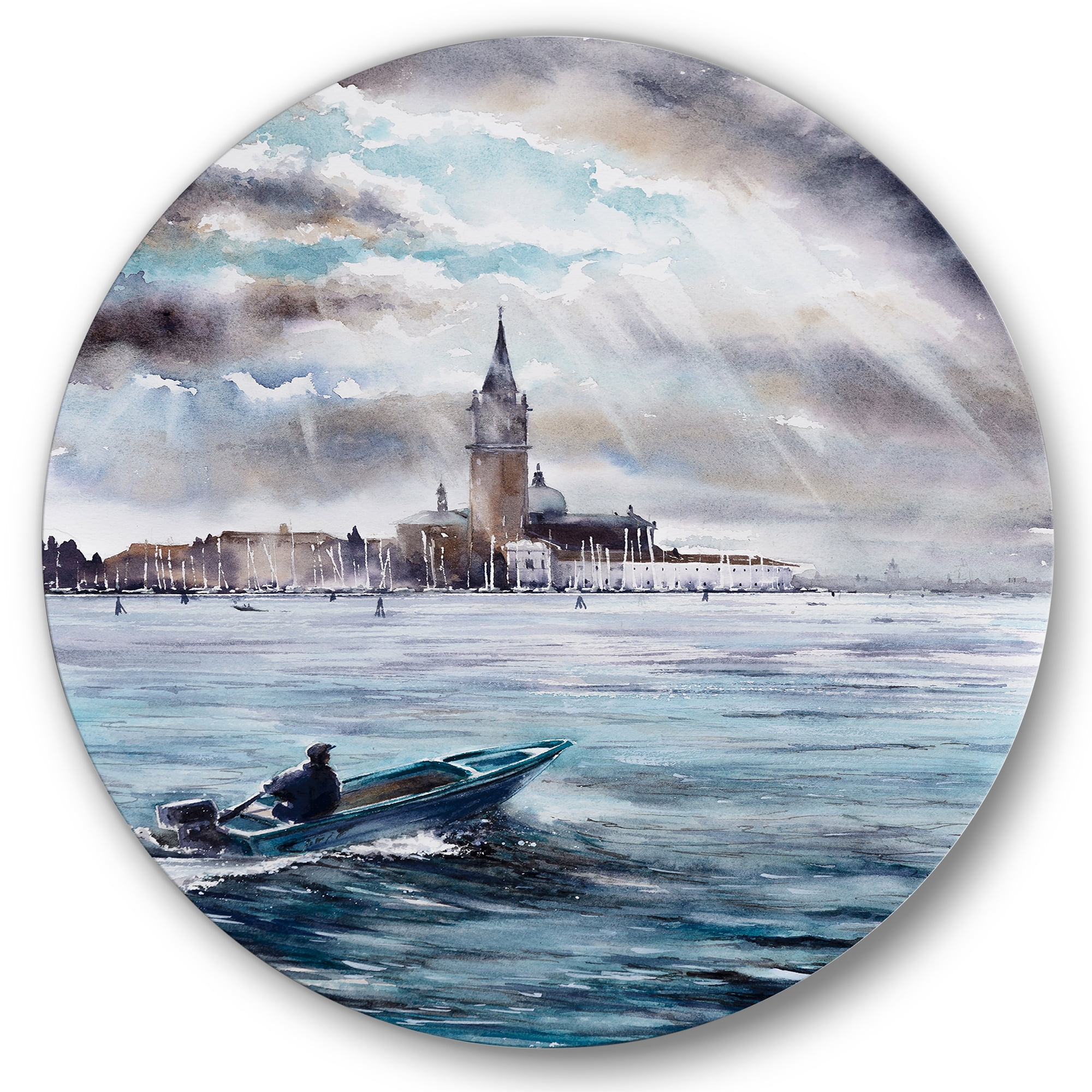 Designart 'Boat Returning In Storm Over Venice In Italy' Nautical & Coastal Circle Metal Wall Art 29x29 - Disc of 29
