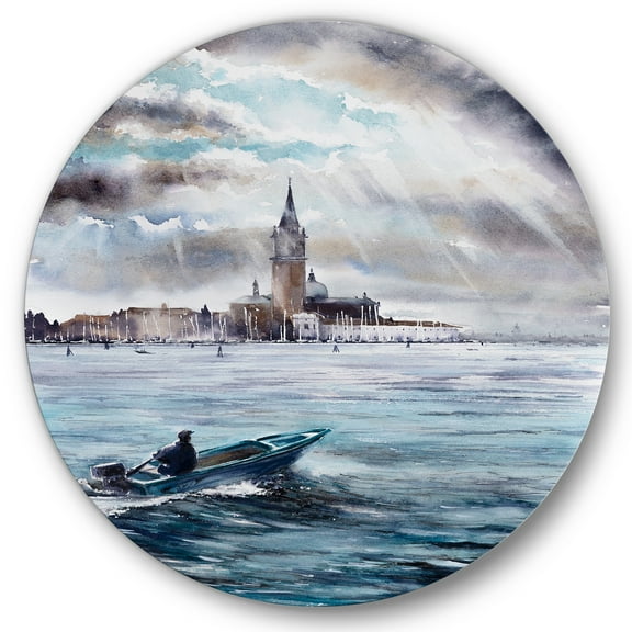 Designart 'Boat Returning In Storm Over Venice In Italy' Nautical & Coastal Circle Metal Wall Art 36x36 - Disc of 36
