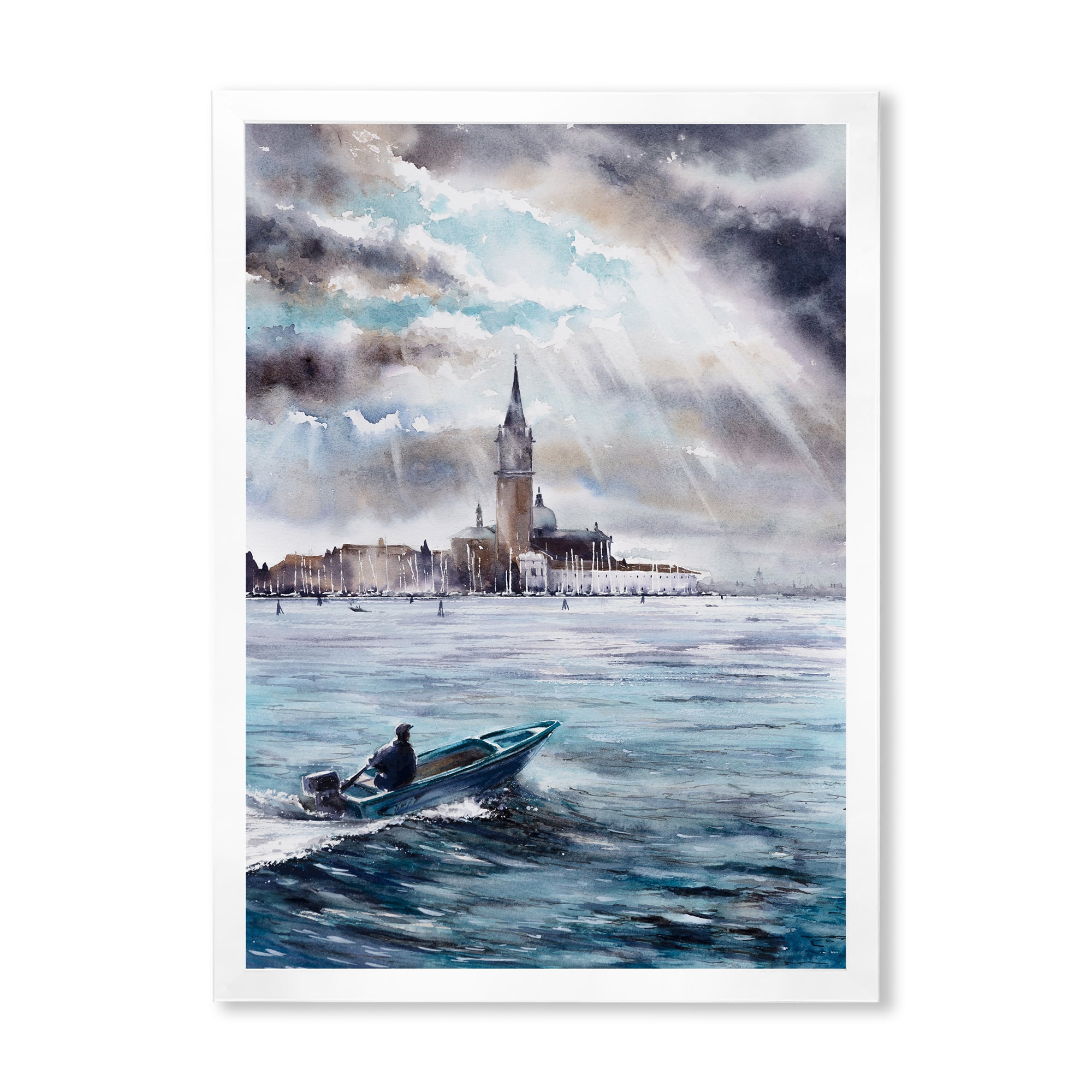 Designart 'Boat Returning In Storm Over Venice In Italy' Nautical & Coastal Framed Art Print