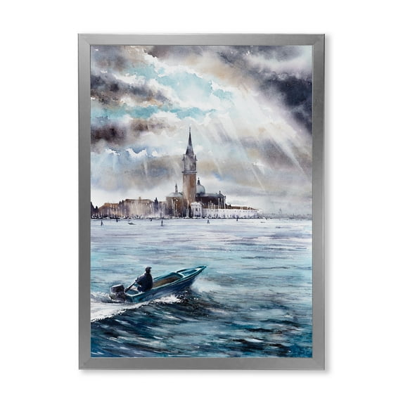 Designart 'Boat Returning In Storm Over Venice In Italy' Nautical & Coastal Framed Art Print