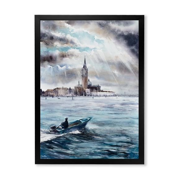 Designart 'Boat Returning In Storm Over Venice In Italy' Nautical & Coastal Framed Art Print