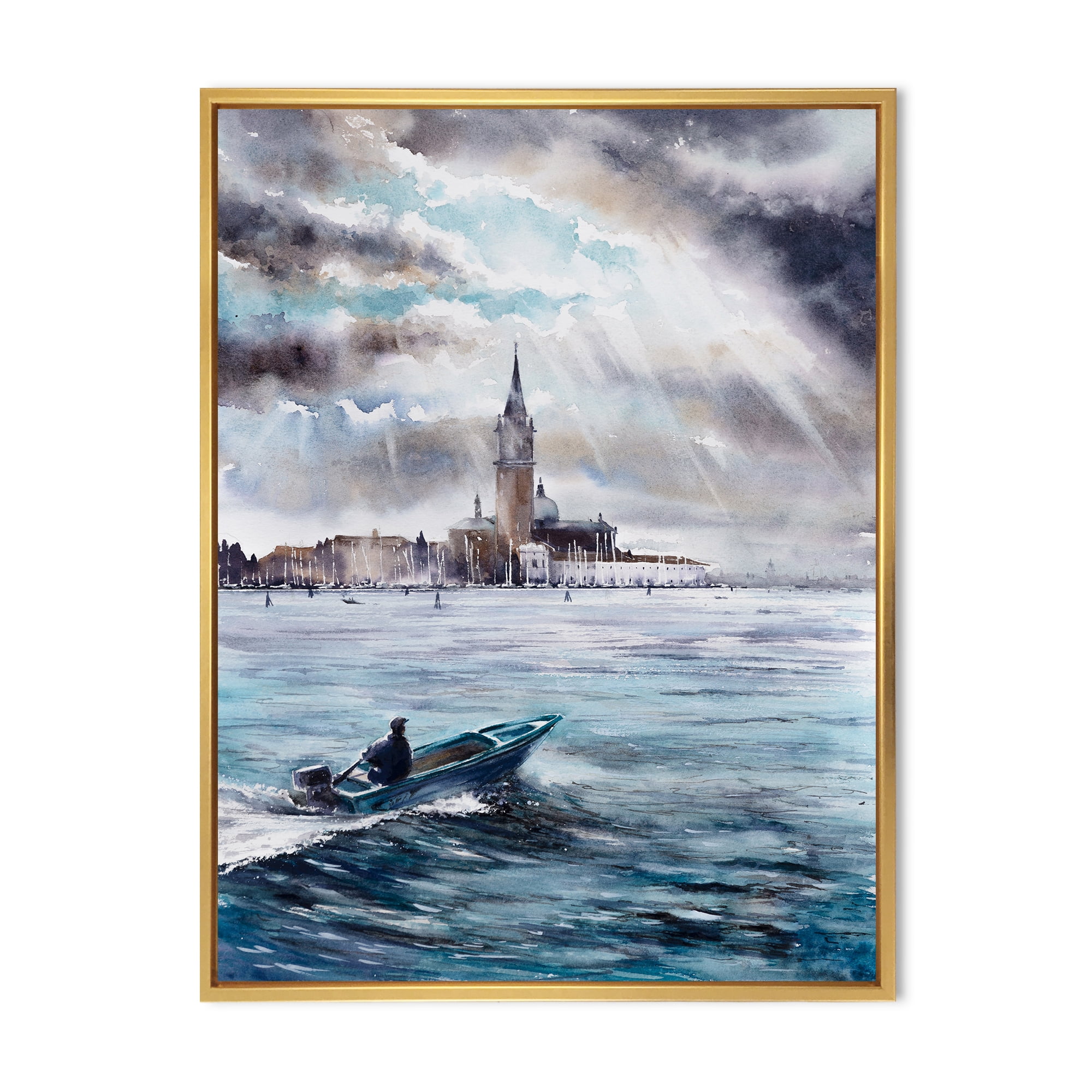 Designart 'Boat Returning In Storm Over Venice In Italy' Nautical & Coastal Framed Canvas Wall Art Print