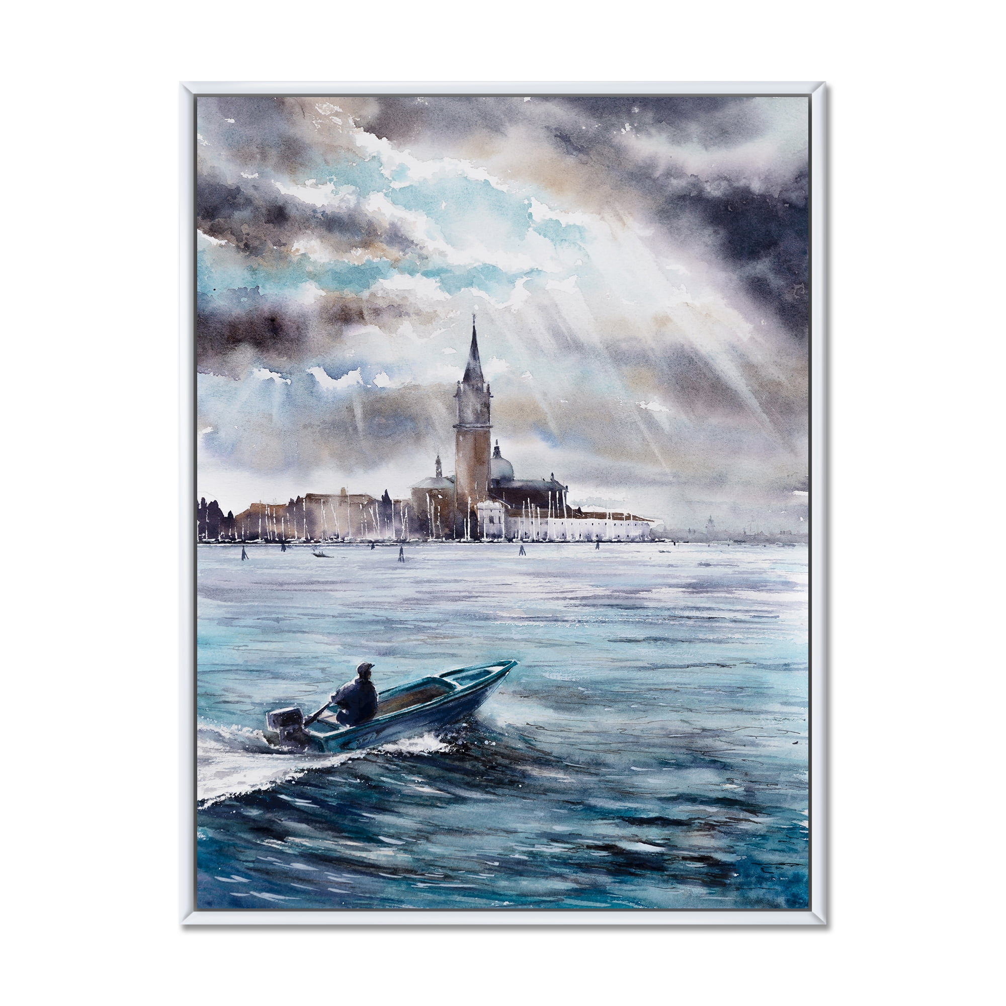 Designart 'Boat Returning In Storm Over Venice In Italy' Nautical & Coastal Framed Canvas Wall Art Print