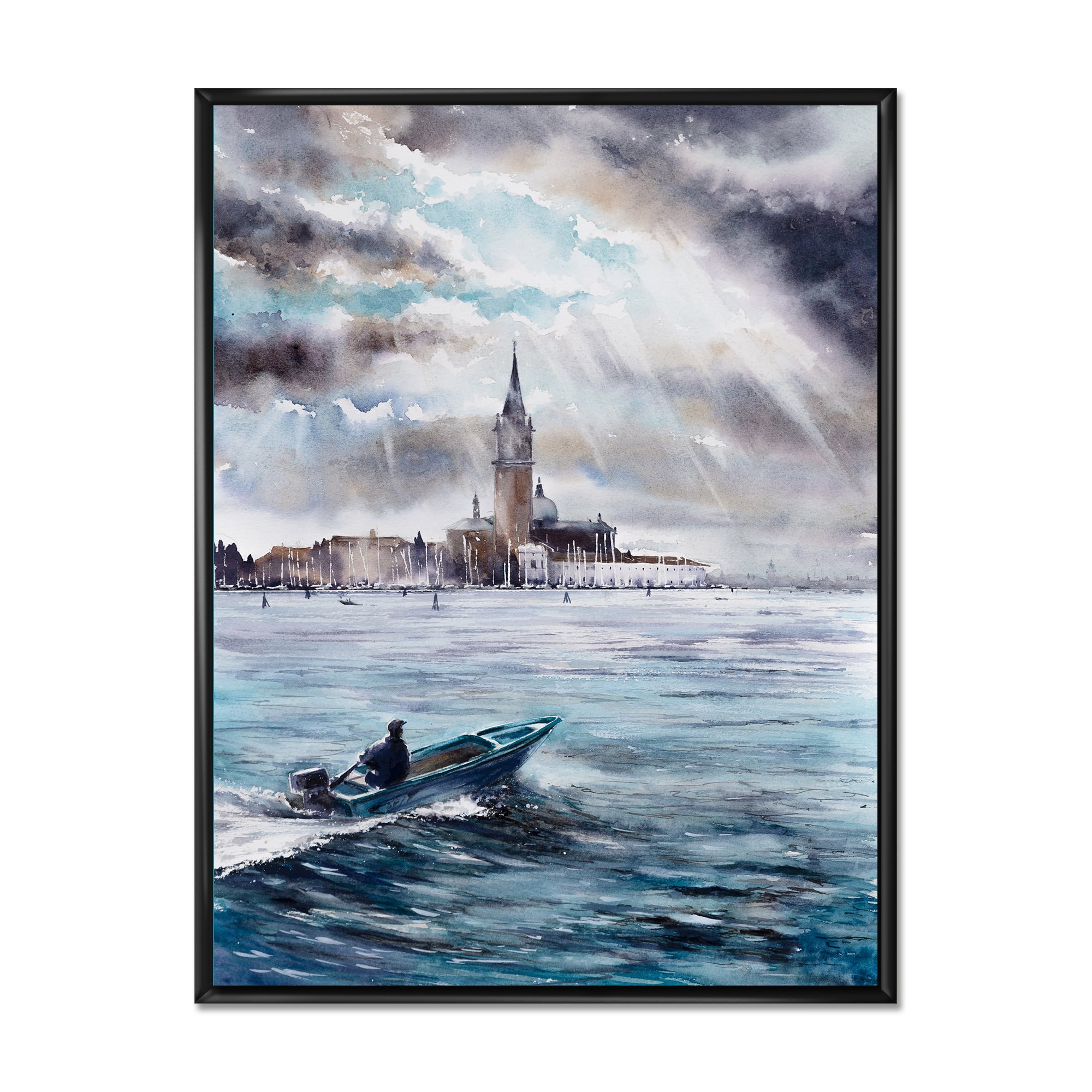 Designart 'Boat Returning In Storm Over Venice In Italy' Nautical & Coastal Framed Canvas Wall Art Print