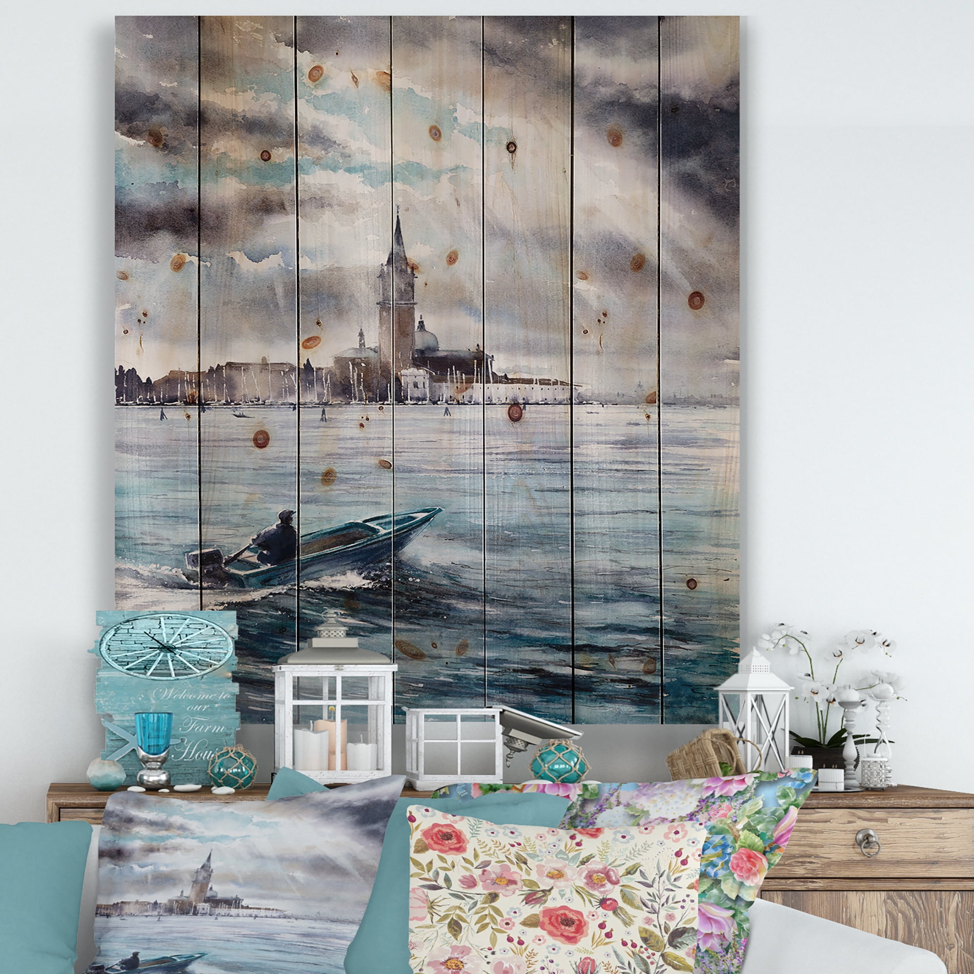 Designart 'Boat Returning In Storm Over Venice In Italy' Nautical & Coastal Print on Natural Pine Wood