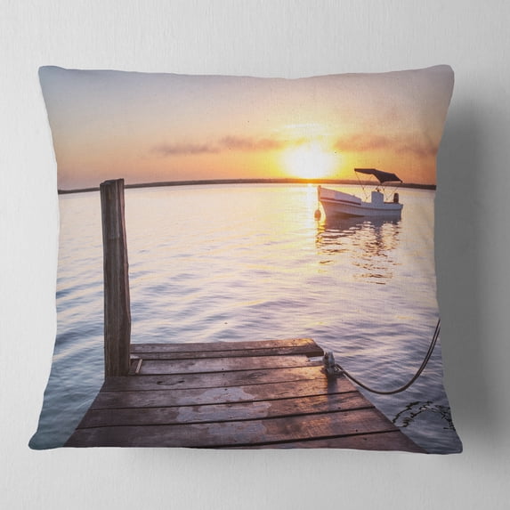 Designart Boat View From Boardwalk on Beach - Seashore Throw Pillow - 18x18