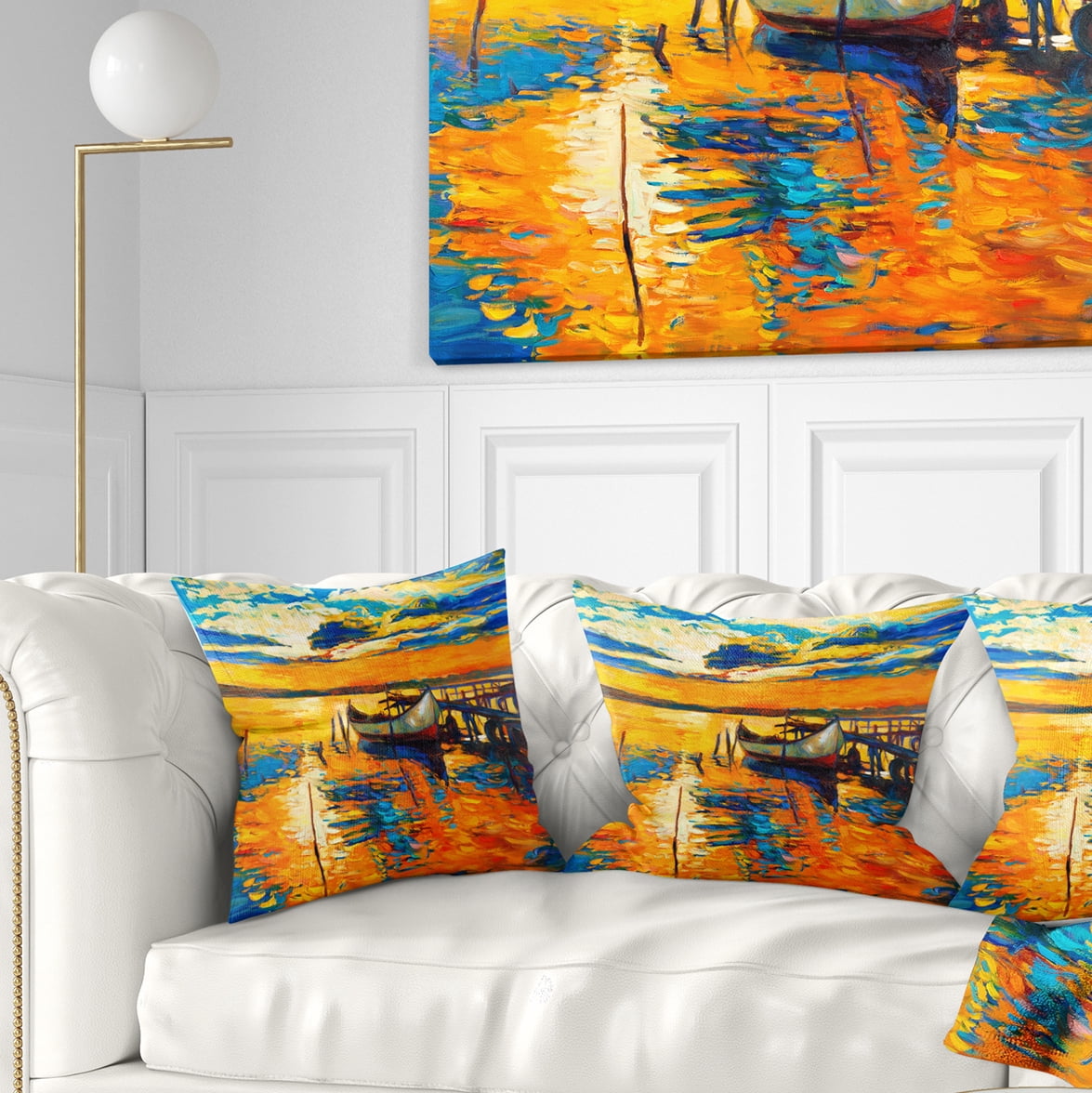 Designart Boat and Jetty at Sunset - Landscape Printed Throw Pillow - 18x18