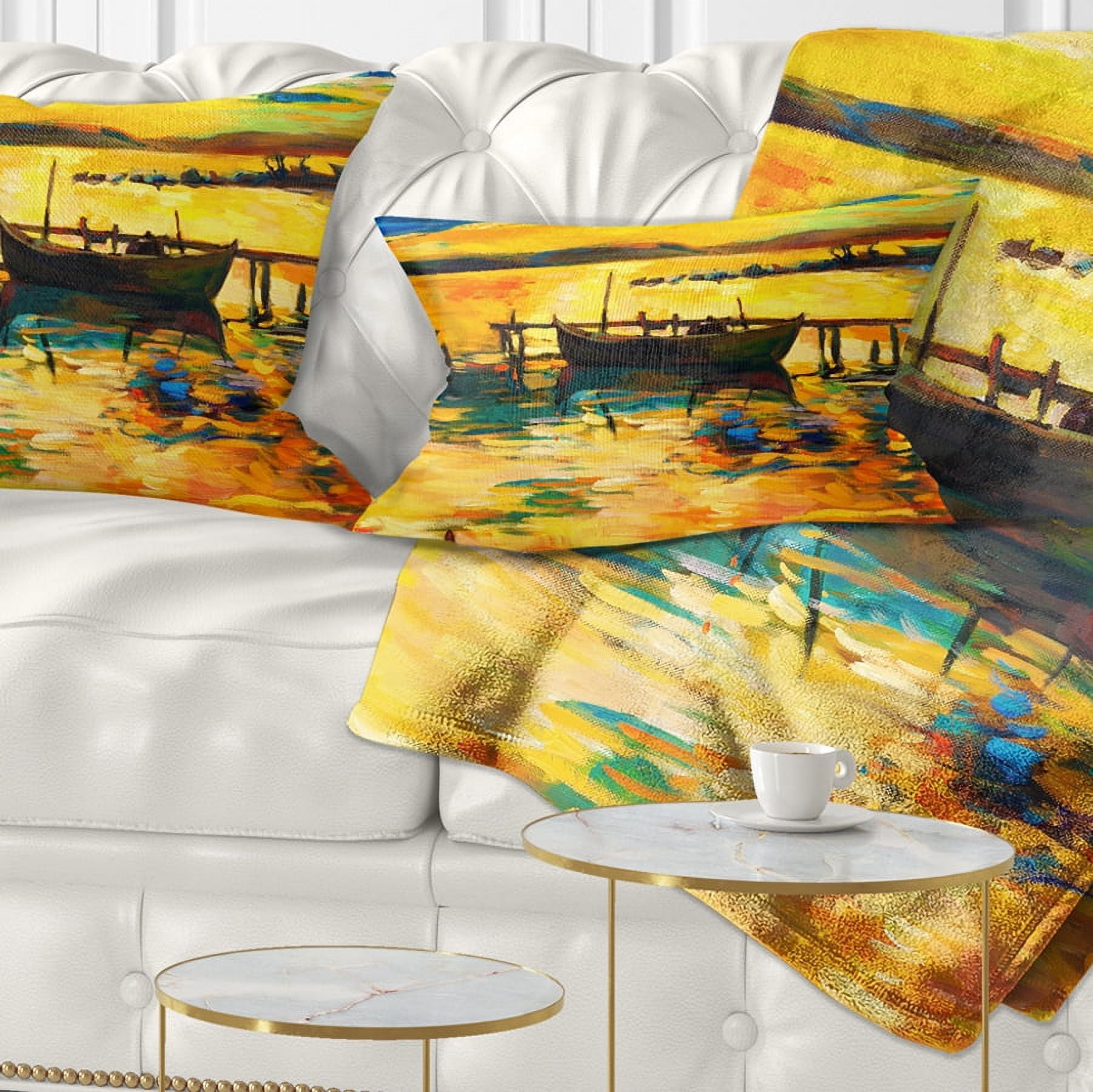 Designart Boat and Pier in Yellow Shade - Seascape Throw Pillow - 12x20
