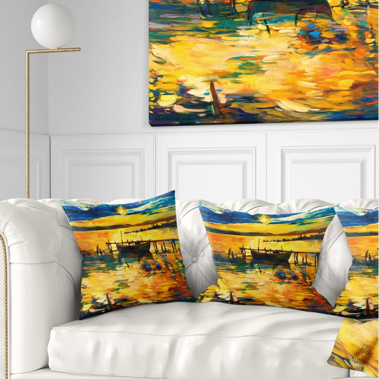 Designart Boat and Pier in Yellow Shade Seascape Throw Pillow