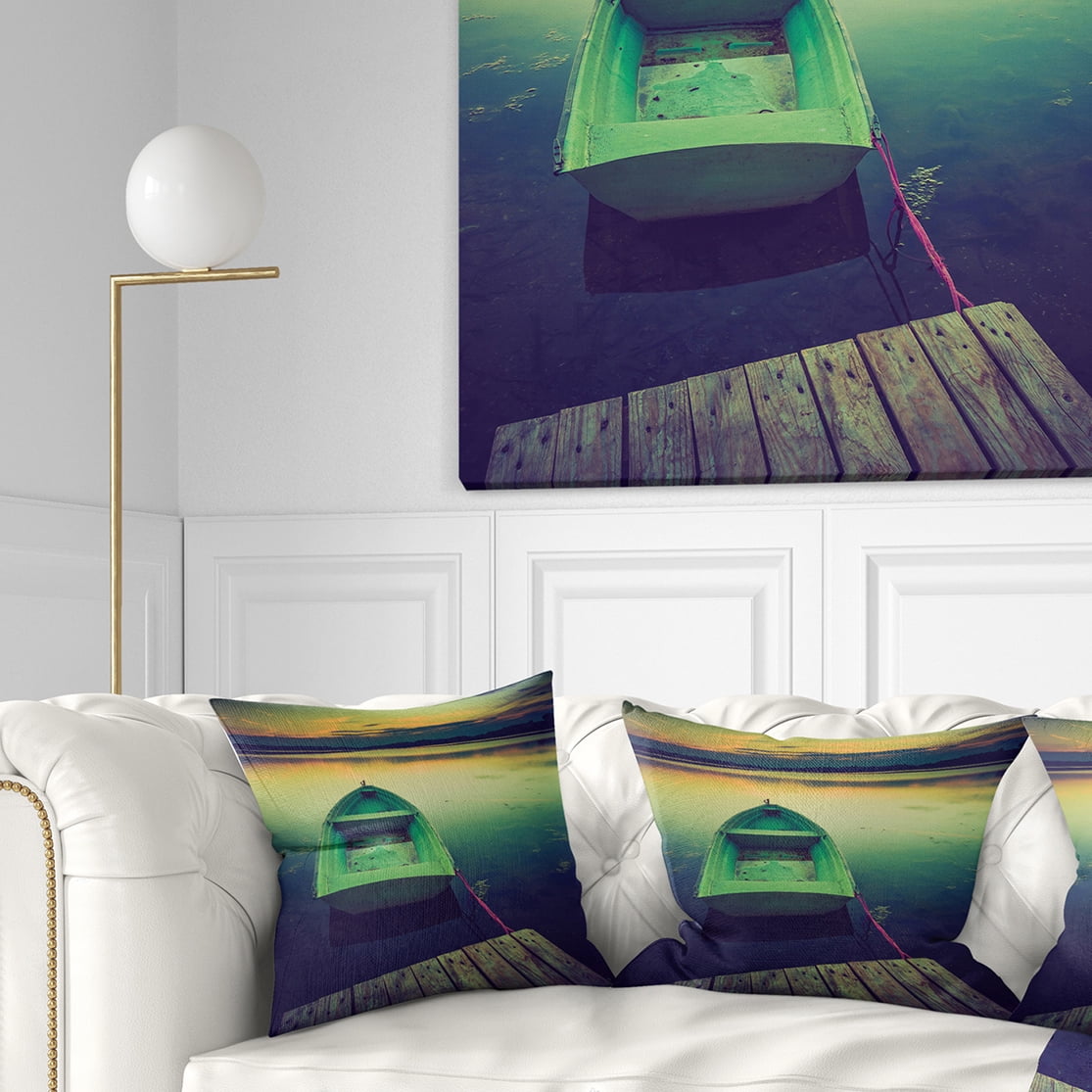Designart Boat and Wooden Pier in Lake - Boat Throw Pillow - 18x18