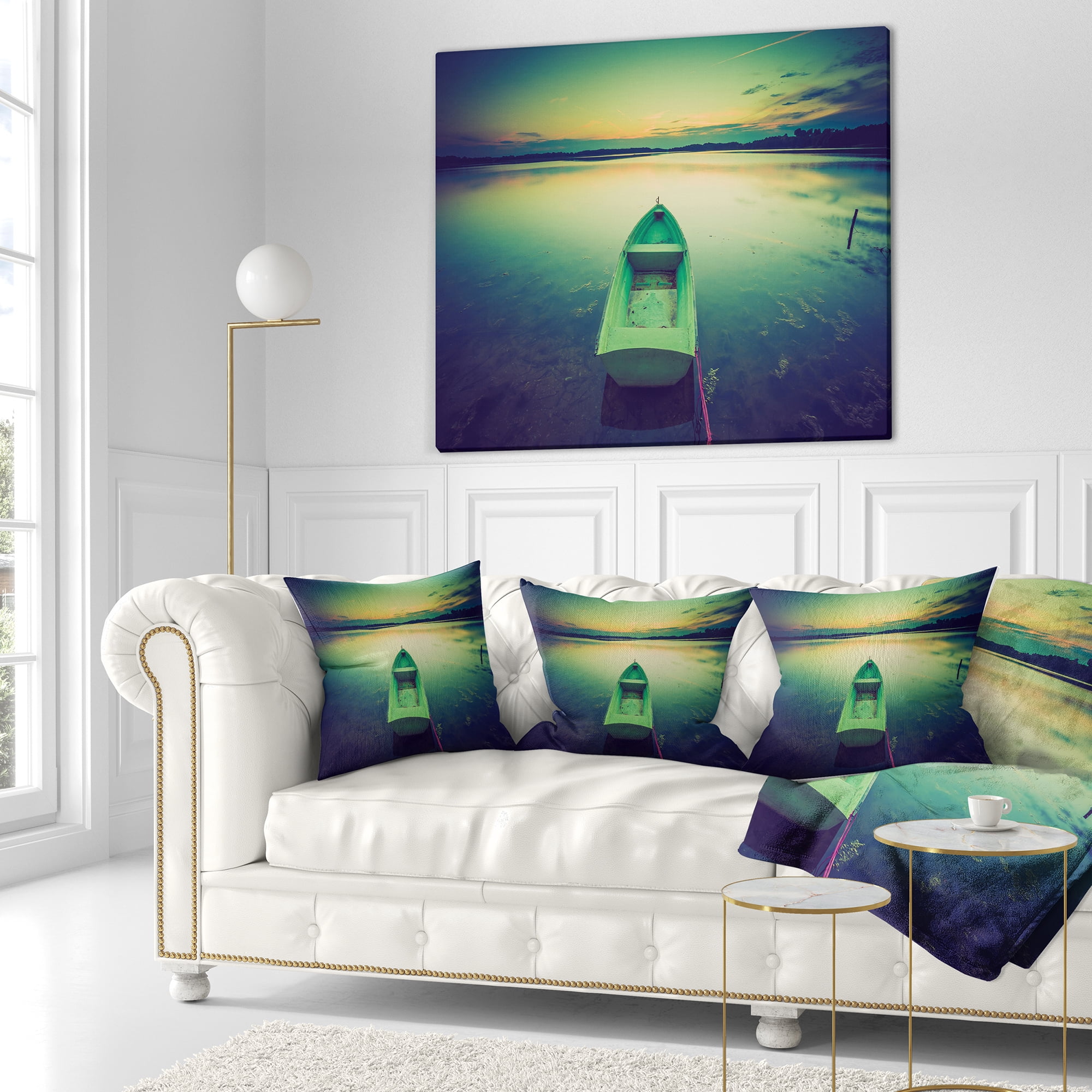 Designart Boat at Sunset in Vintage Lake - Boat Throw Pillow - 16x16
