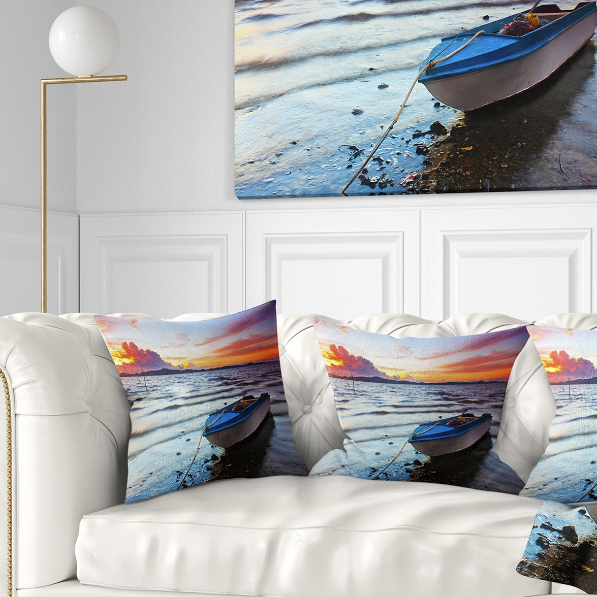 Designart Boat at the Sunset - Landscape Photography Throw Pillow - 18x18