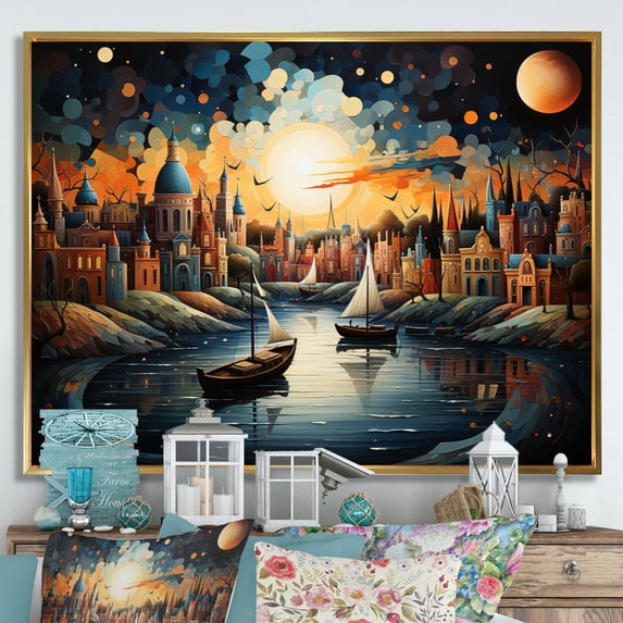 Designart "Boat curious Waterways II" Cityscapes Floater Framed Canvas Art Print