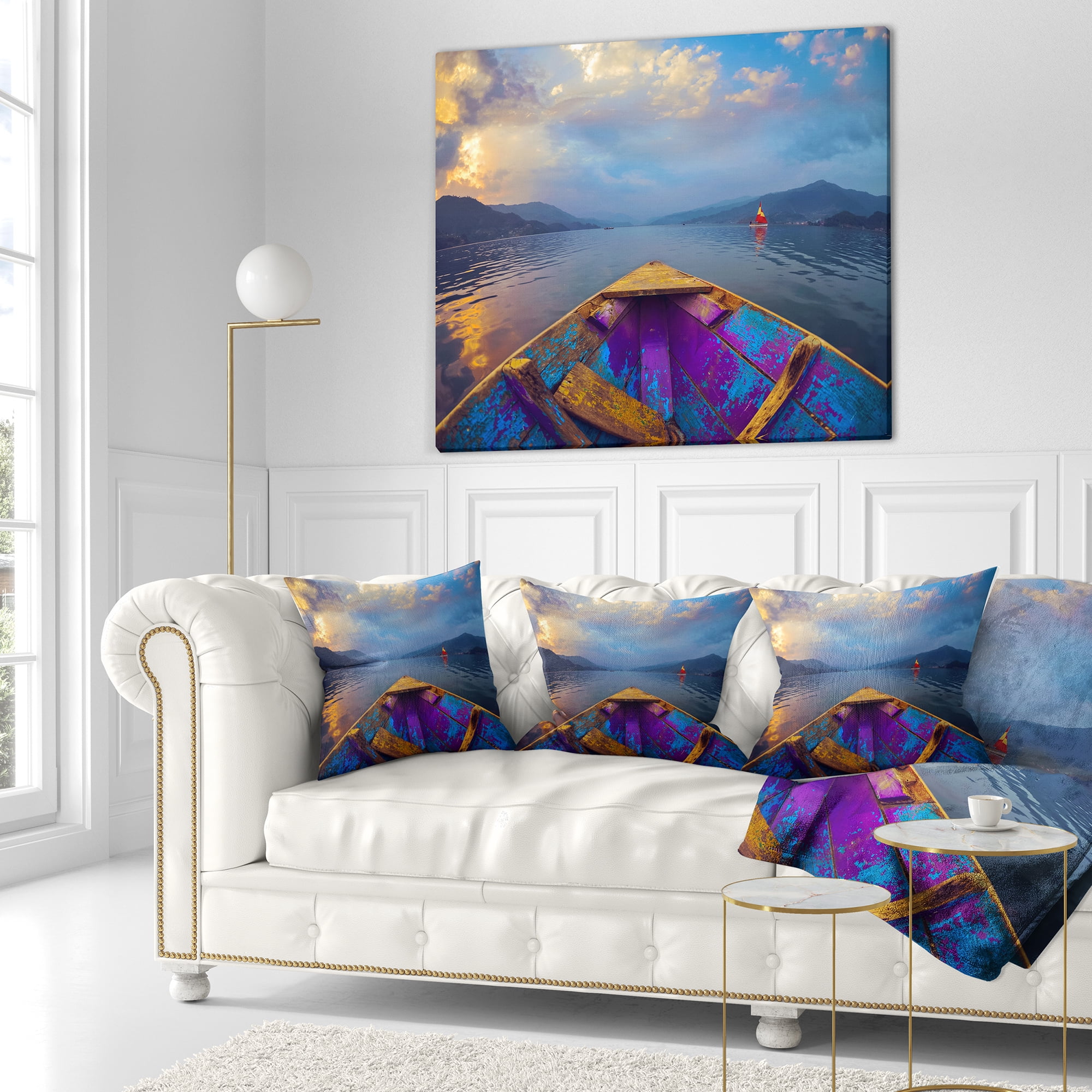 Designart Boat in Himalaya Mountains Lake - Boat Throw Pillow - 16x16